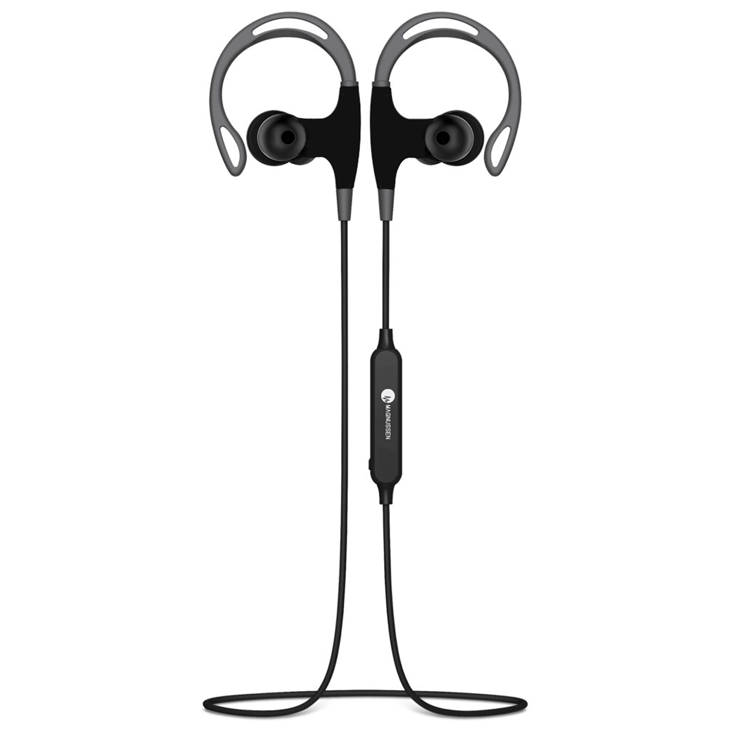 Auriculares deportivos negros y grises con ganchos para las orejas. Cable negro con control en línea. Fondo blanco.
