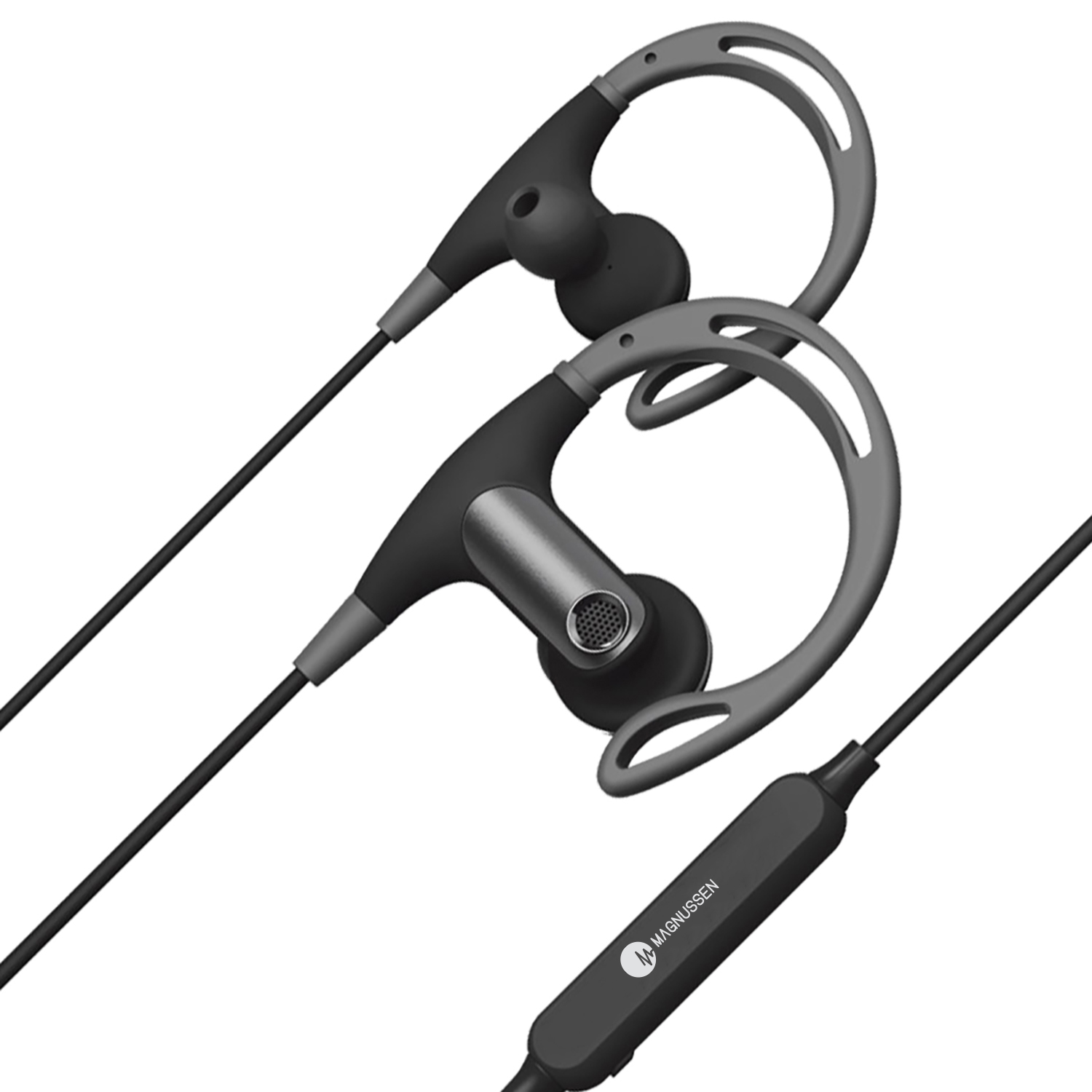 Auriculares deportivos negros y grises con cable negro.
