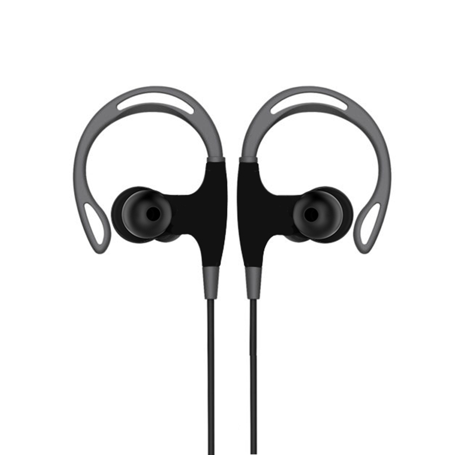 Auriculares negros y grises con ganchos para la oreja.