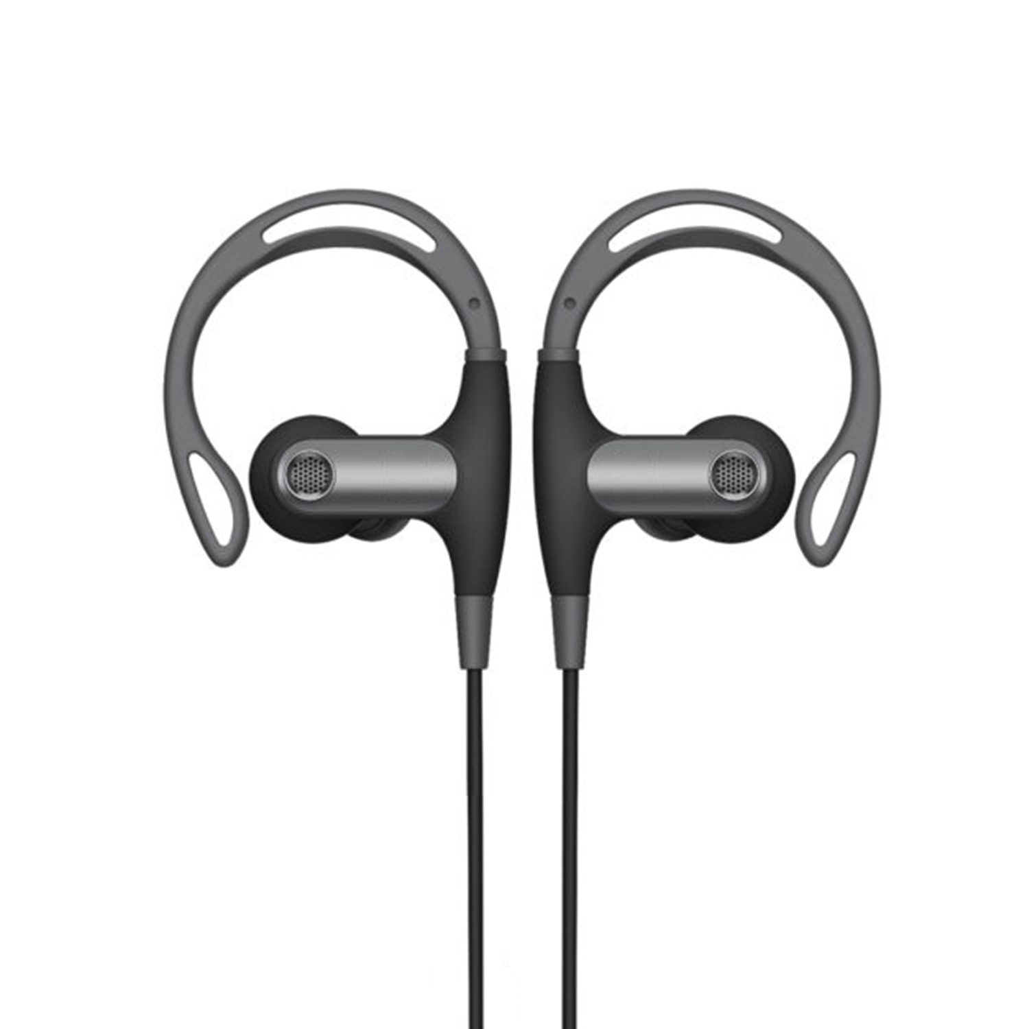 Auriculares deportivos grises y negros. Los auriculares tienen un diseño de gancho para un ajuste seguro.
