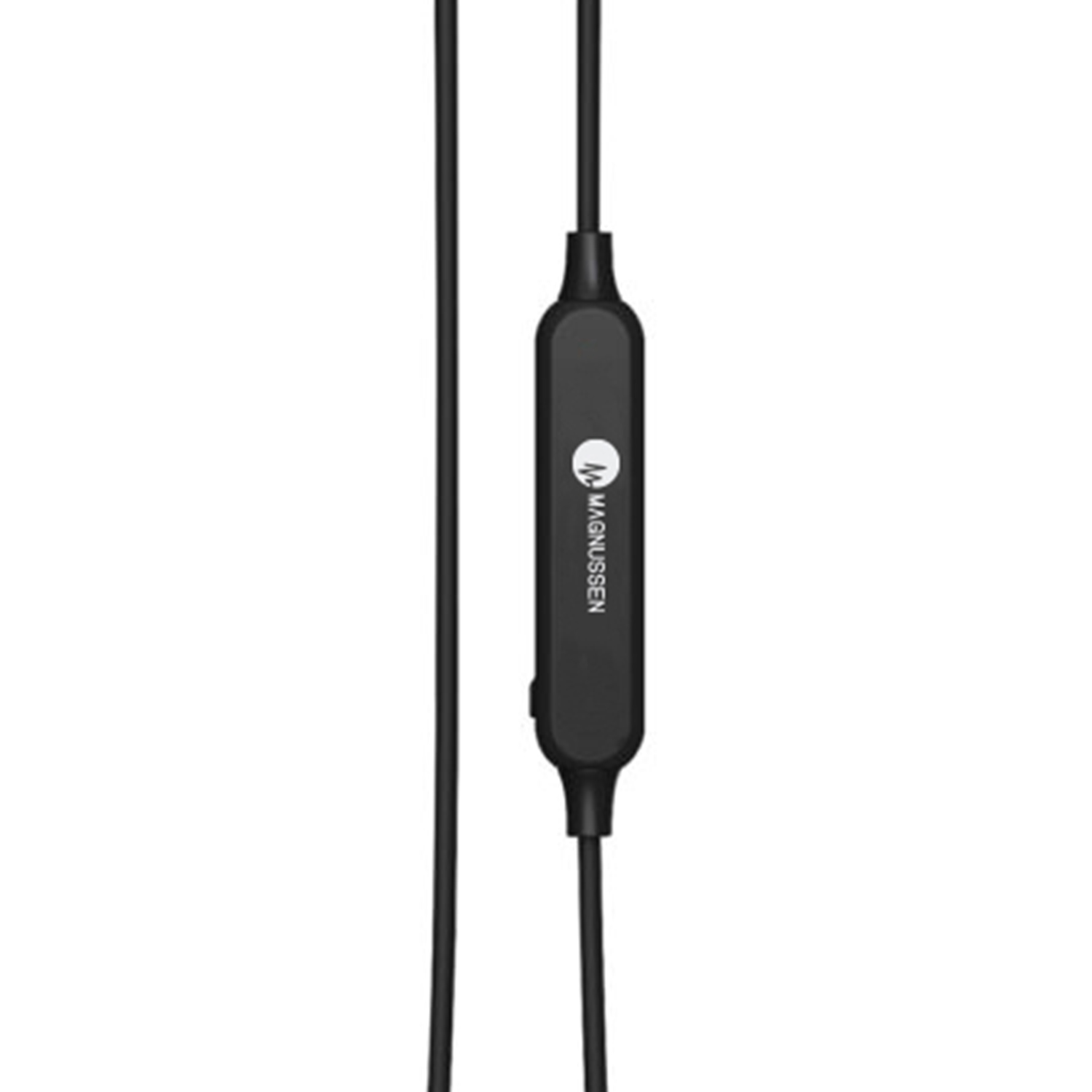 Auriculares Magnussen negros con panel de control, cables negros sobre fondo blanco.