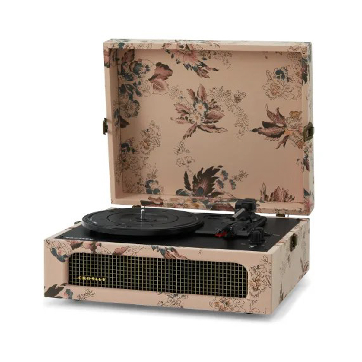 Vintage-Plattenspieler mit rosa Blumenmuster. Offen, mit einer Schallplatte auf dem Plattenteller.