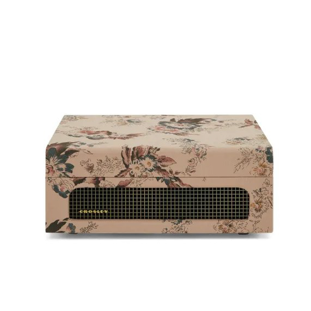 Ein floraler Plattenspieler mit beigefarbenem Sockel und Lautsprechergitter.