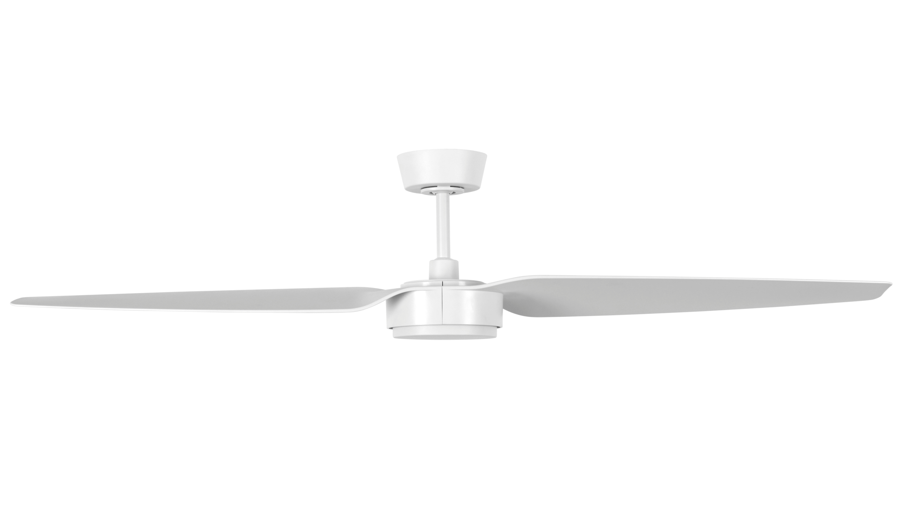 Weißer Deckenventilator mit zwei Flügeln, isoliert auf weißem Hintergrund.