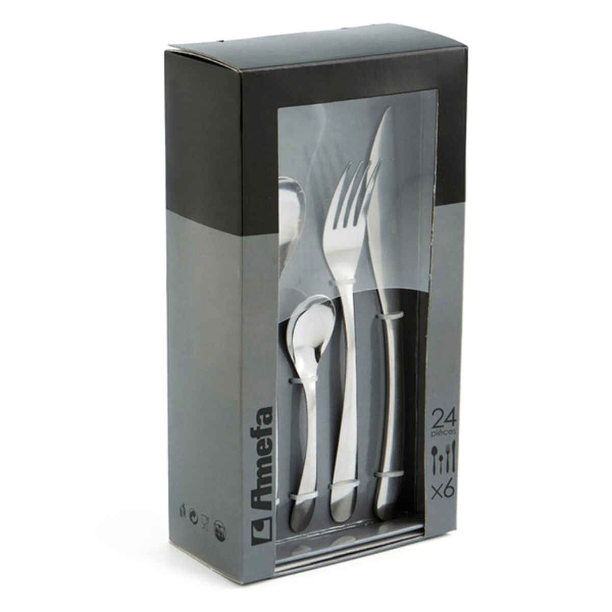 Silbernes Besteckset in einer schwarzen Box. Enthält Löffel, Gabel und Messer. Weißer Hintergrund.