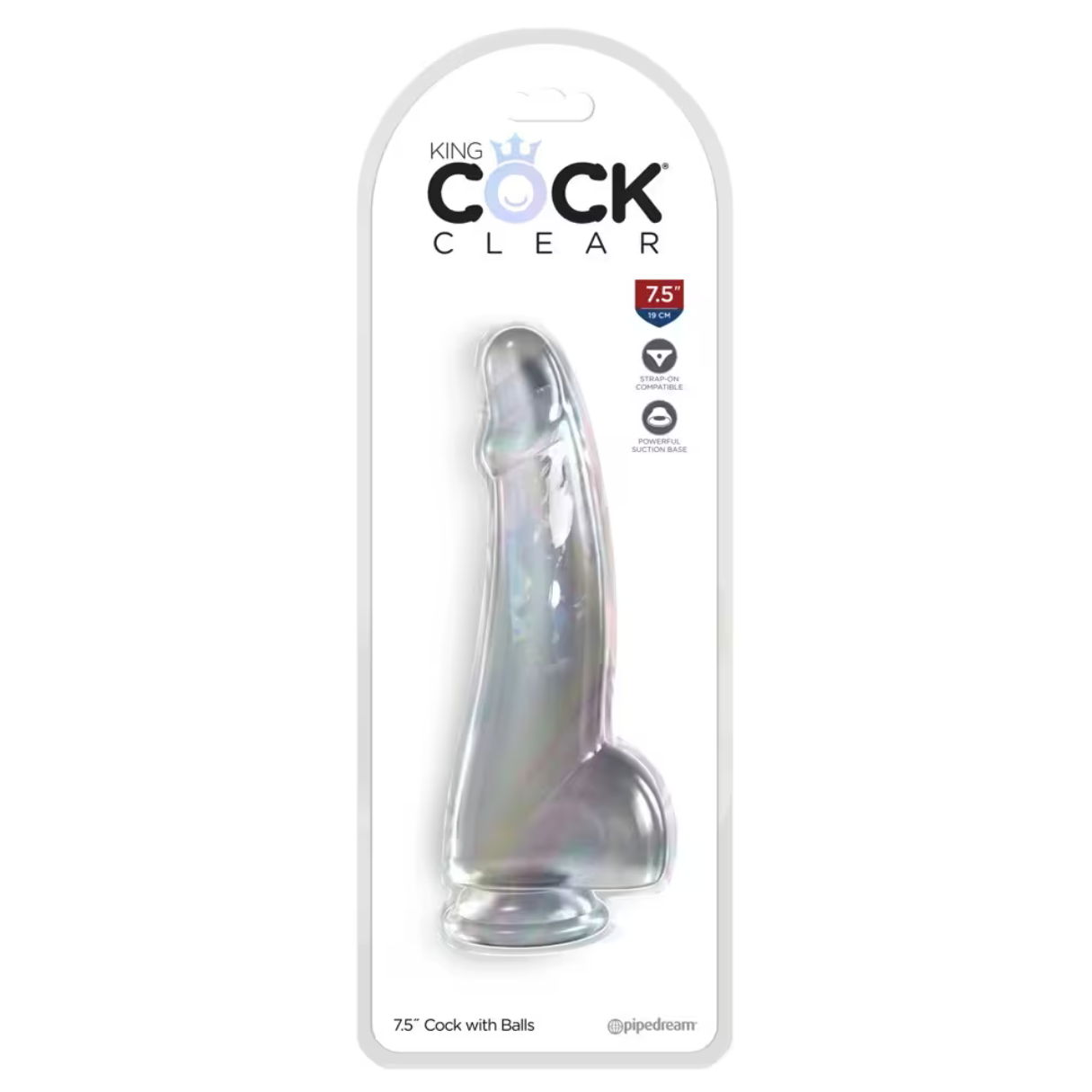 Transparenter Dildo in Verpackung, mit Saugnapfbasis.