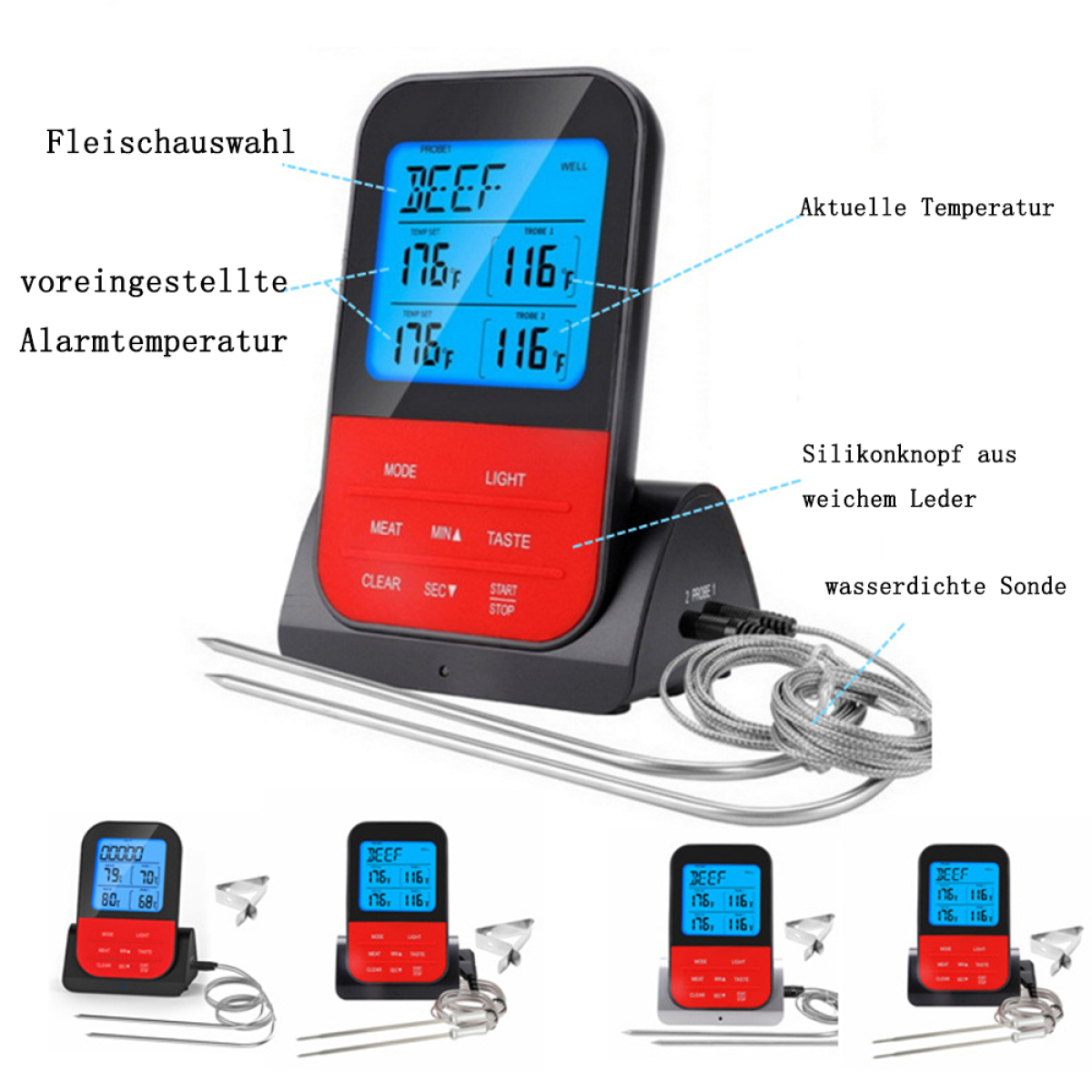 Ein digitales Fleischthermometer mit zwei Sonden und mehreren kleineren Anzeigen für die Temperatur.