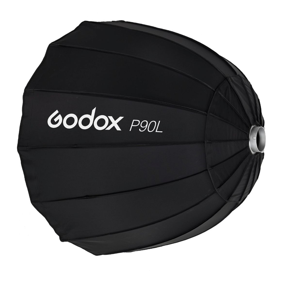 Ein schwarzer Godox P90L Softbox, geformt wie ein großer, runder Schirm.