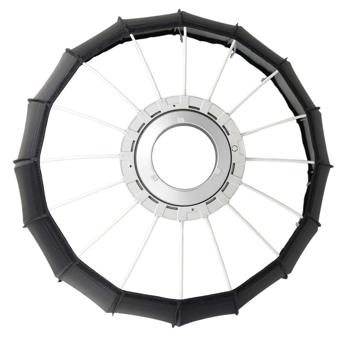 Schwarze achteckige Softbox für Fotografie, mit weißen Metallstäben.