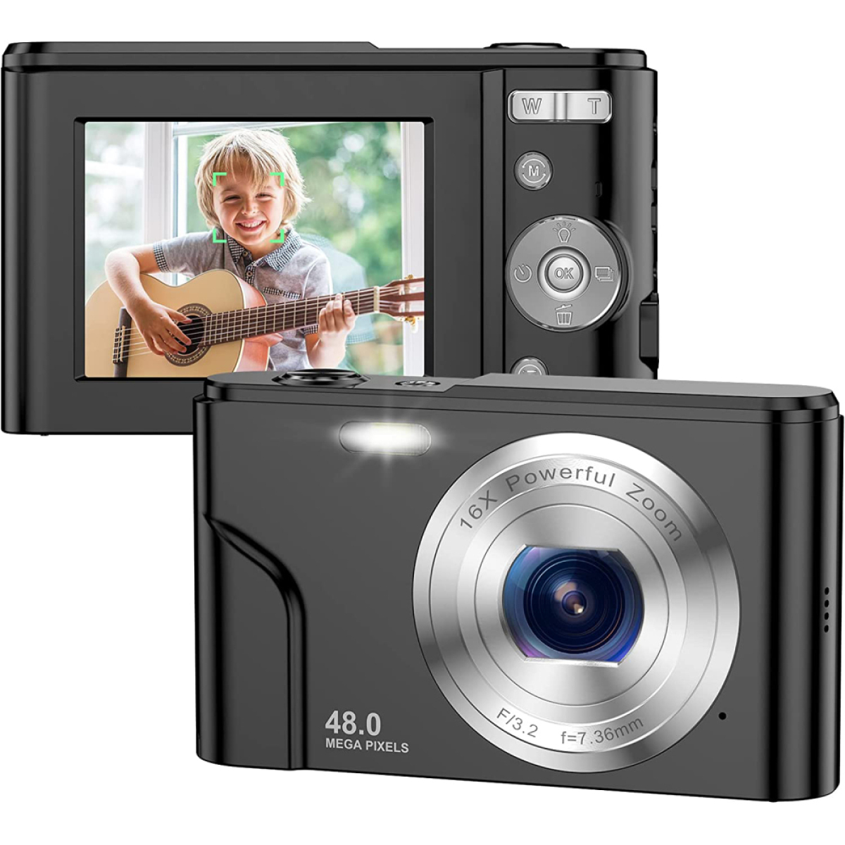 Schwarze Digitalkamera mit LCD-Bildschirm, der einen Gitarre spielenden Jungen zeigt, und Bedienelemente auf der Rückseite.