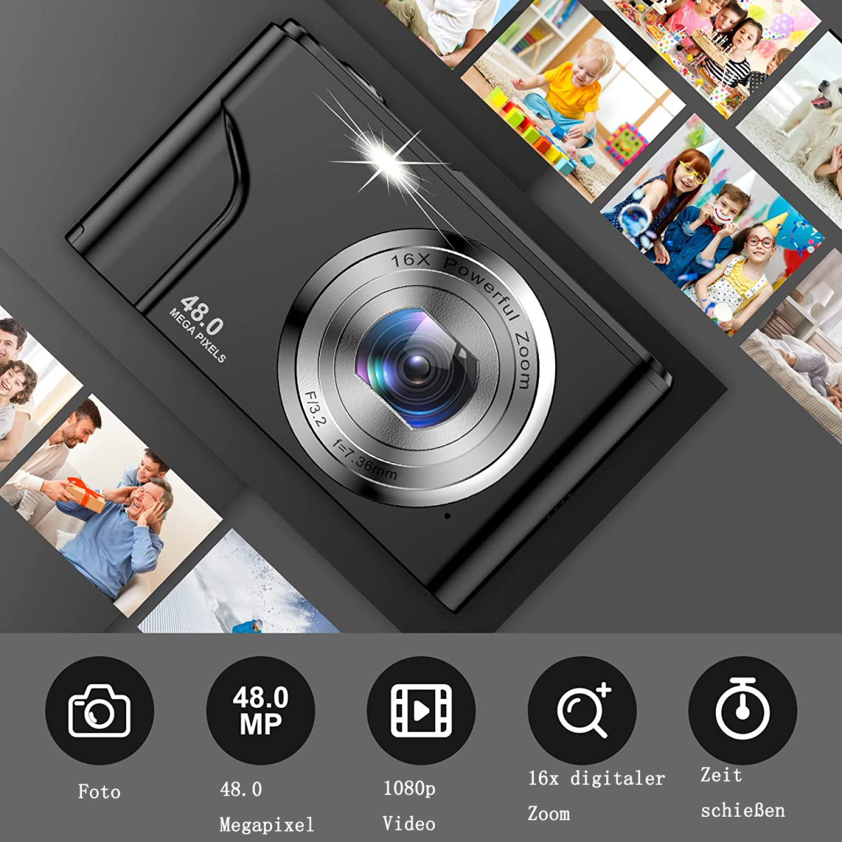 Eine schwarze Digitalkamera mit Details, umgeben von Bildern von Menschen und Symbolen am unteren Rand.
