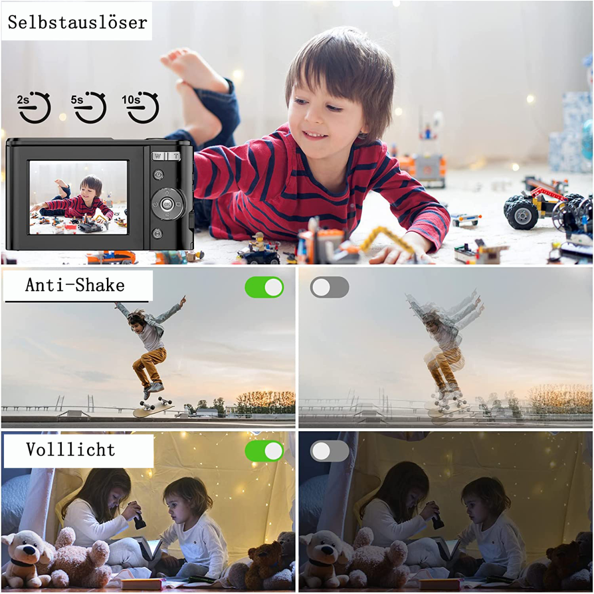 Ein Kind betrachtet eine Kamera. Bilder einer Kamera, eines Skateboarders und Kinder mit Spielzeug.