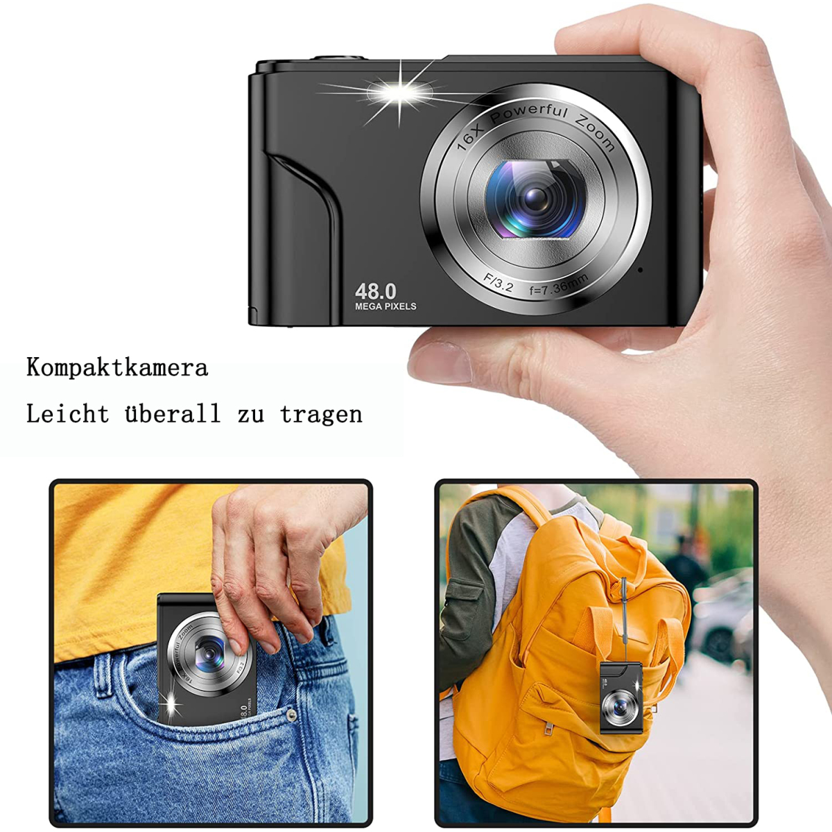 Eine schwarze Kamera wird in einer Hand gehalten. Zusätzliche Bilder zeigen sie in einer Tasche und einem Rucksack.