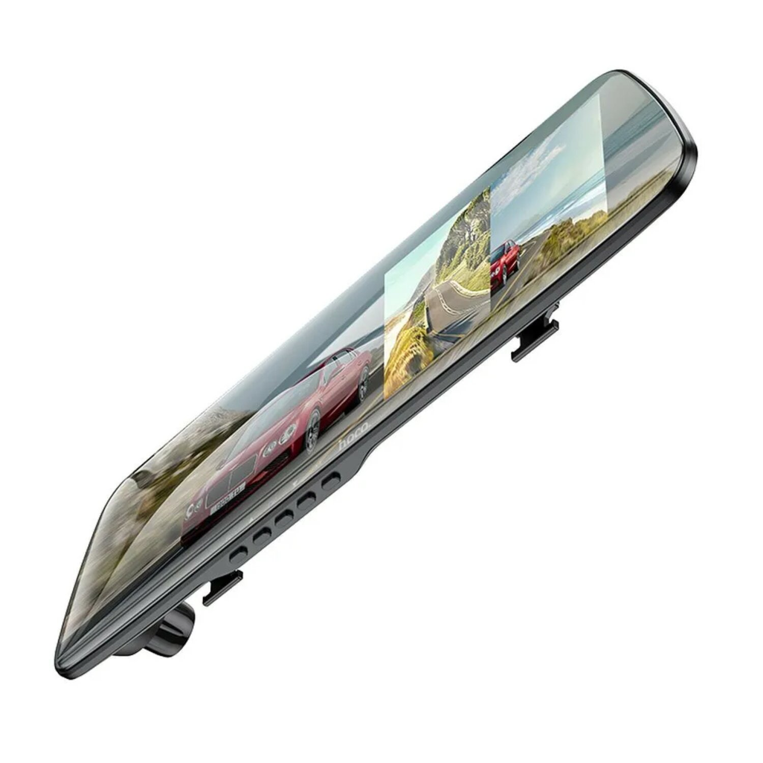 Ein Autospiegel mit einem Bild von einer Straße und Autos, mit Bedientasten.