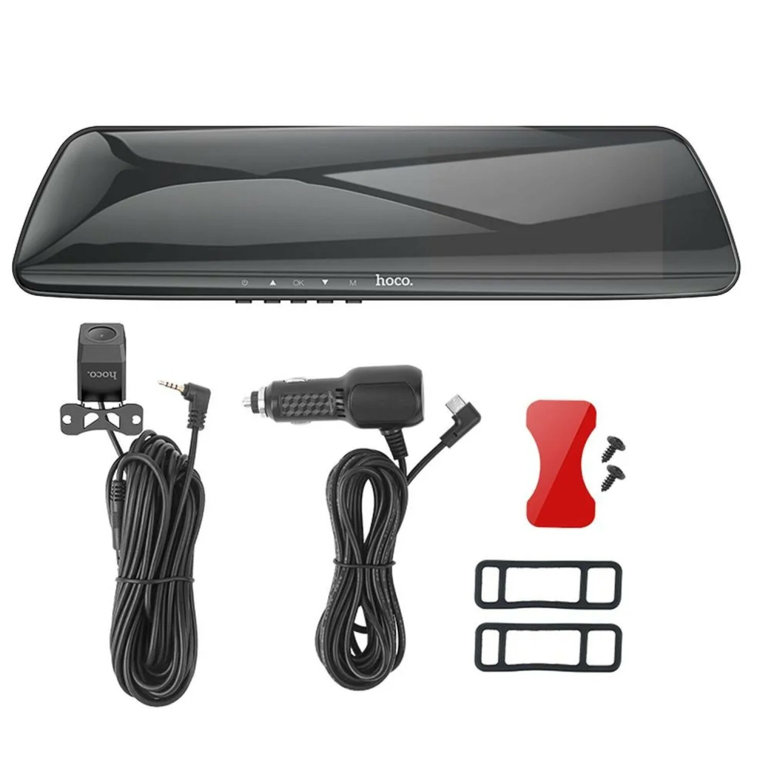 Schwarze Auto-Dashcam und Zubehör: Kabel, Ladegerät, Clips und Montagehalterungen.