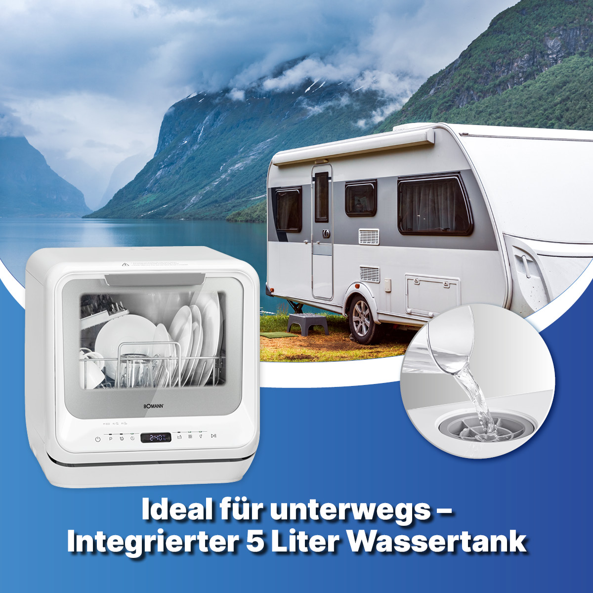 Weißer tragbarer Geschirrspüler mit Wohnwagen und Berglandschaft, mit deutschem Text.