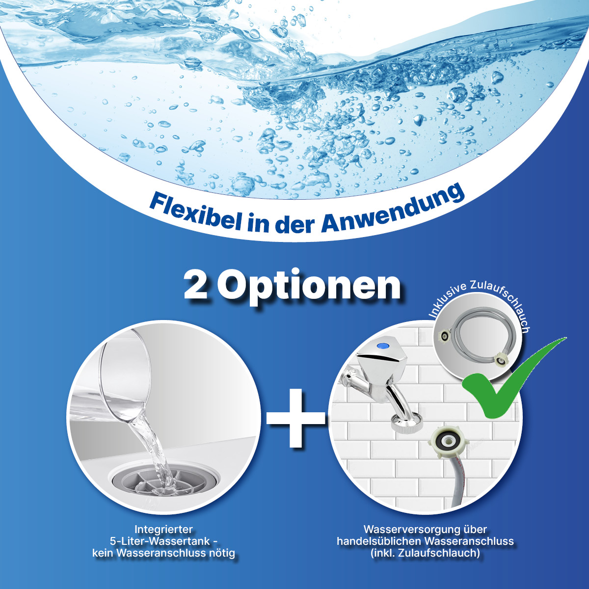 Diagramm mit zwei Optionen: ein Wassertank und ein Wasseranschluss für ein Produkt.