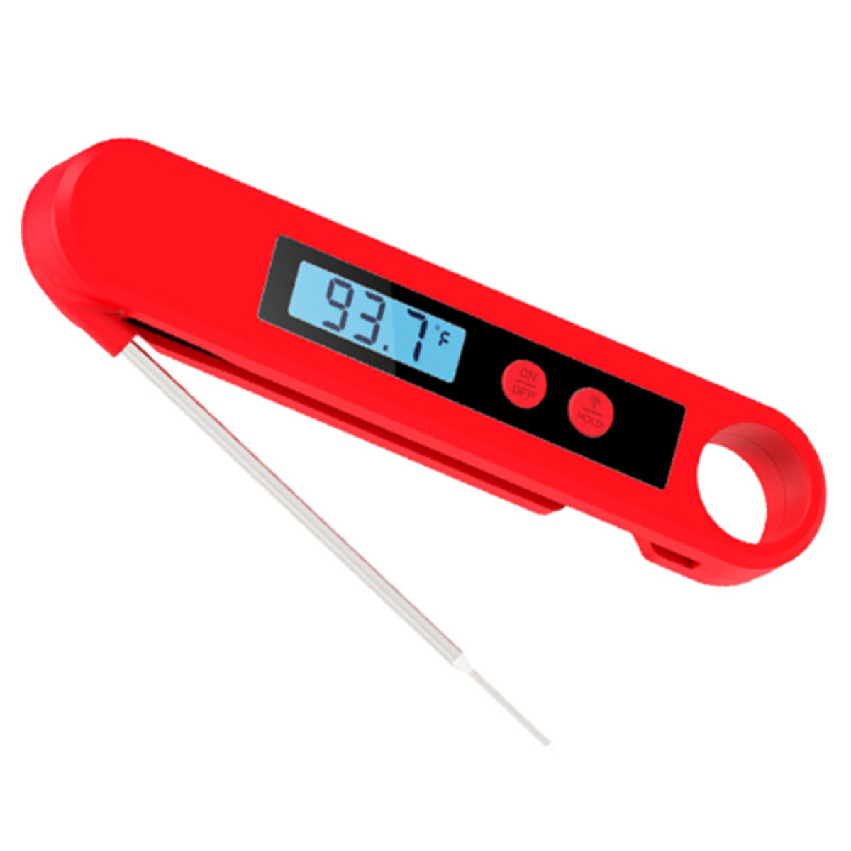 Rotes digitales Thermometer mit offener Sonde und Anzeige mit Temperaturmesswert.