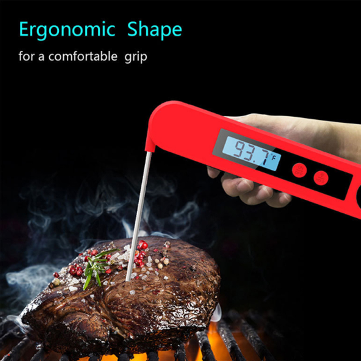 Ein rotes digitales Fleischthermometer, das in ein gegrilltes Steak gesteckt wird.