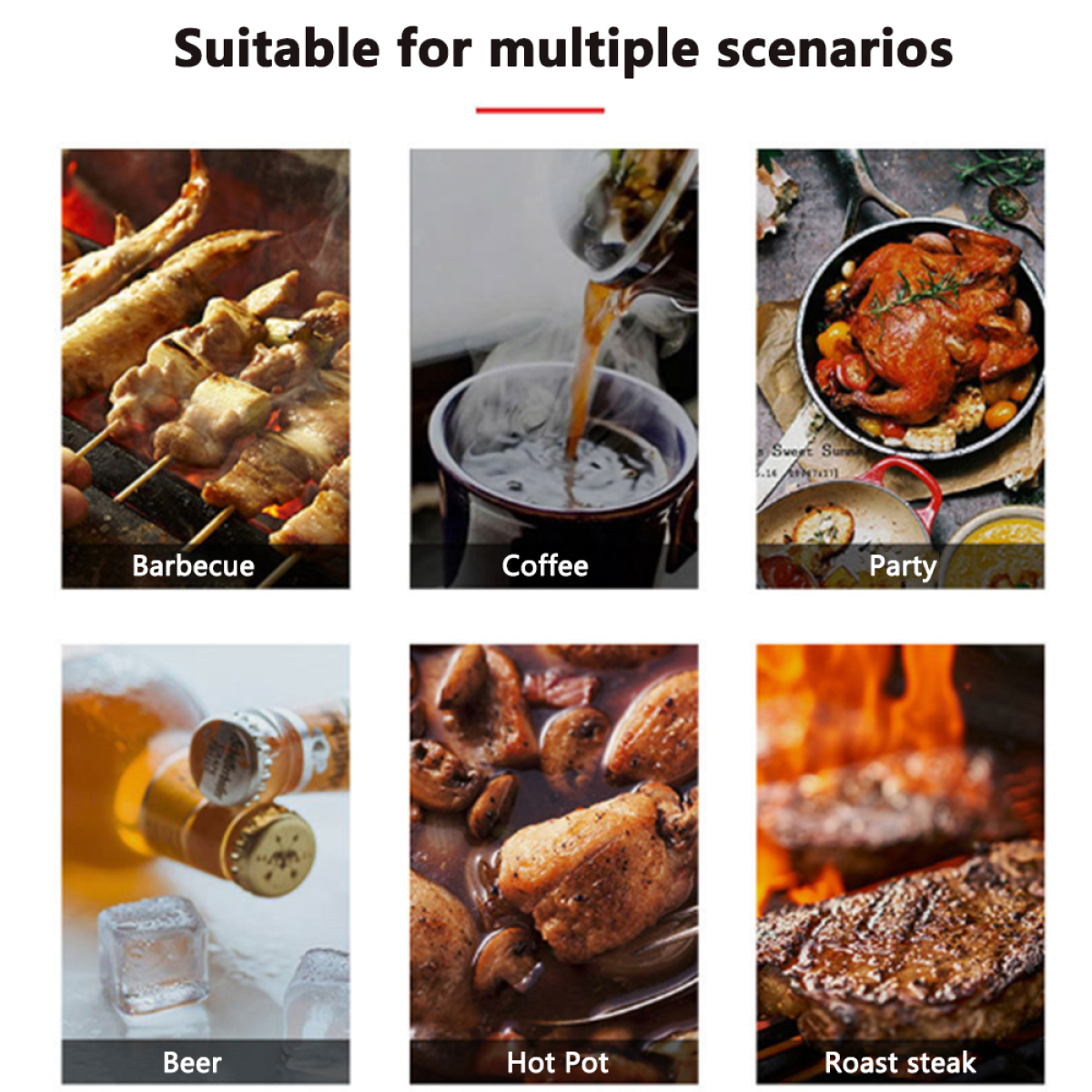 Sechs Bilder mit Essensszenen: Grillen, Kaffee, Party, Bier, Hot Pot, gebratenes Steak.