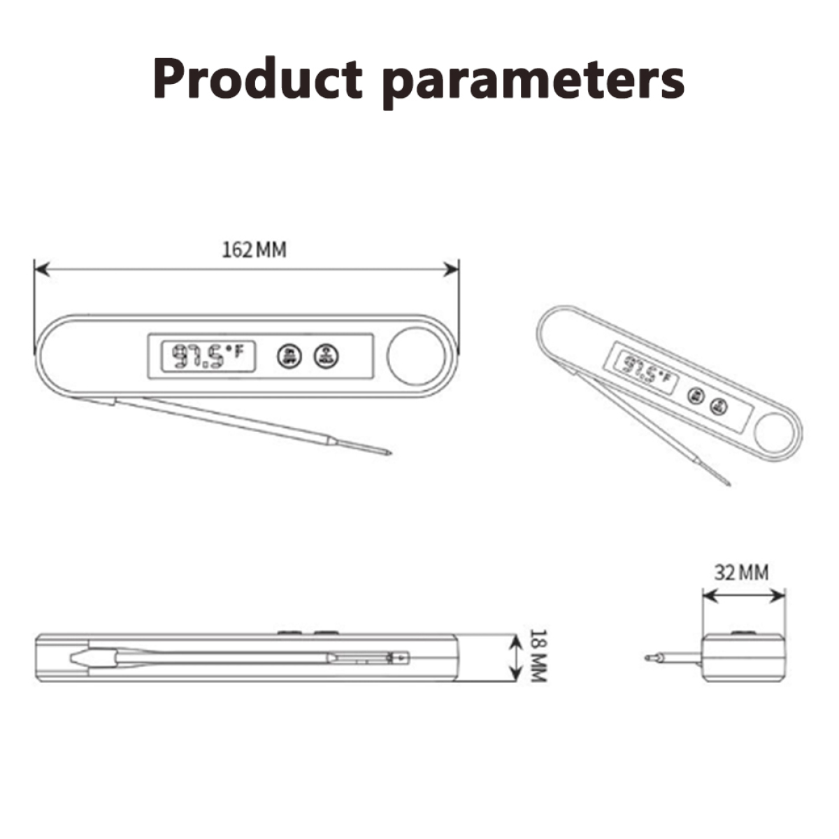Produktdiagramm. Digitales Thermometer mit Anzeige. Maße in mm und °F angegeben.