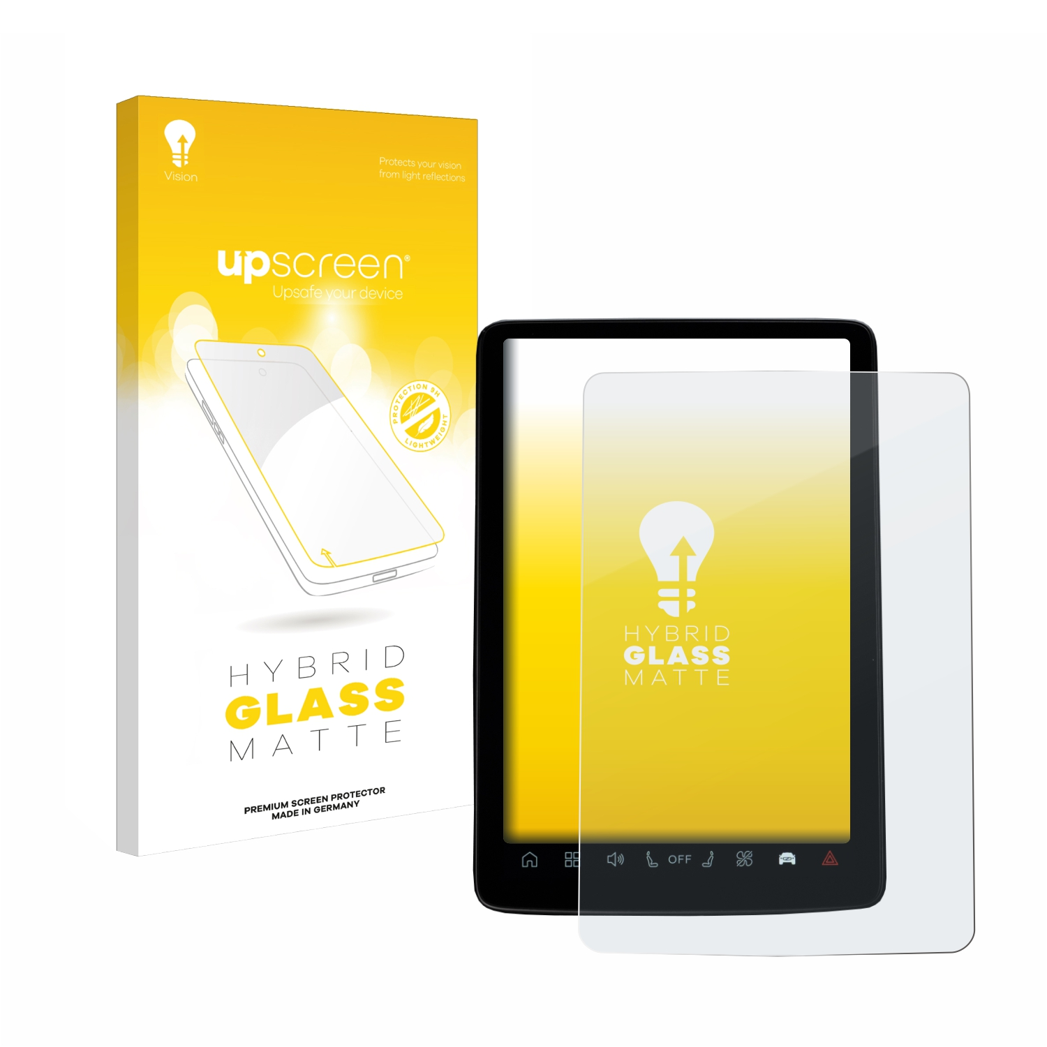 E-Reader mit Displayschutzfolie. Karton mit Logo links. Gelb-weißer Hintergrund.