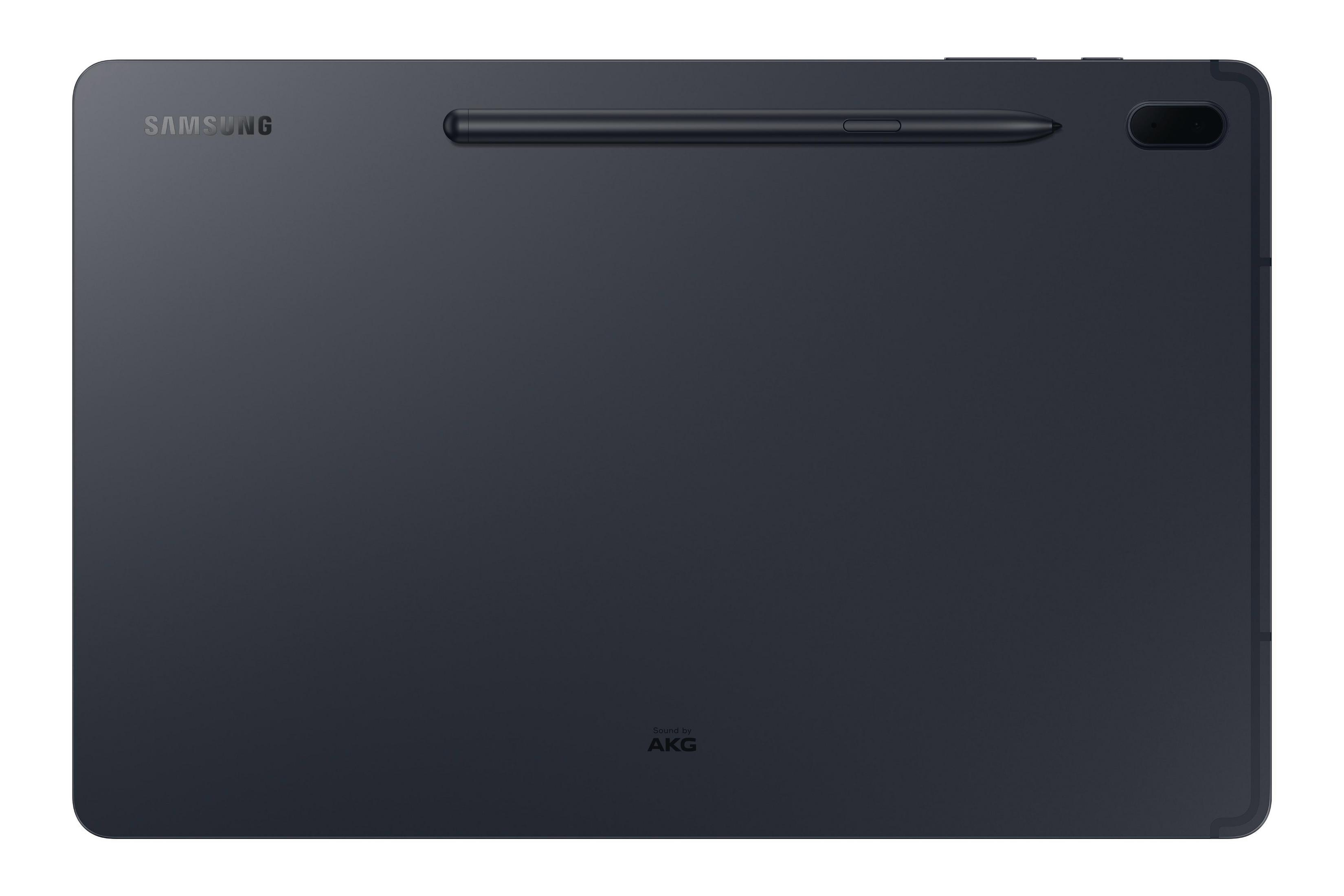 Schwarzes Tablet mit Stift. Samsung Logo und AKG Marke auf der Rückseite.