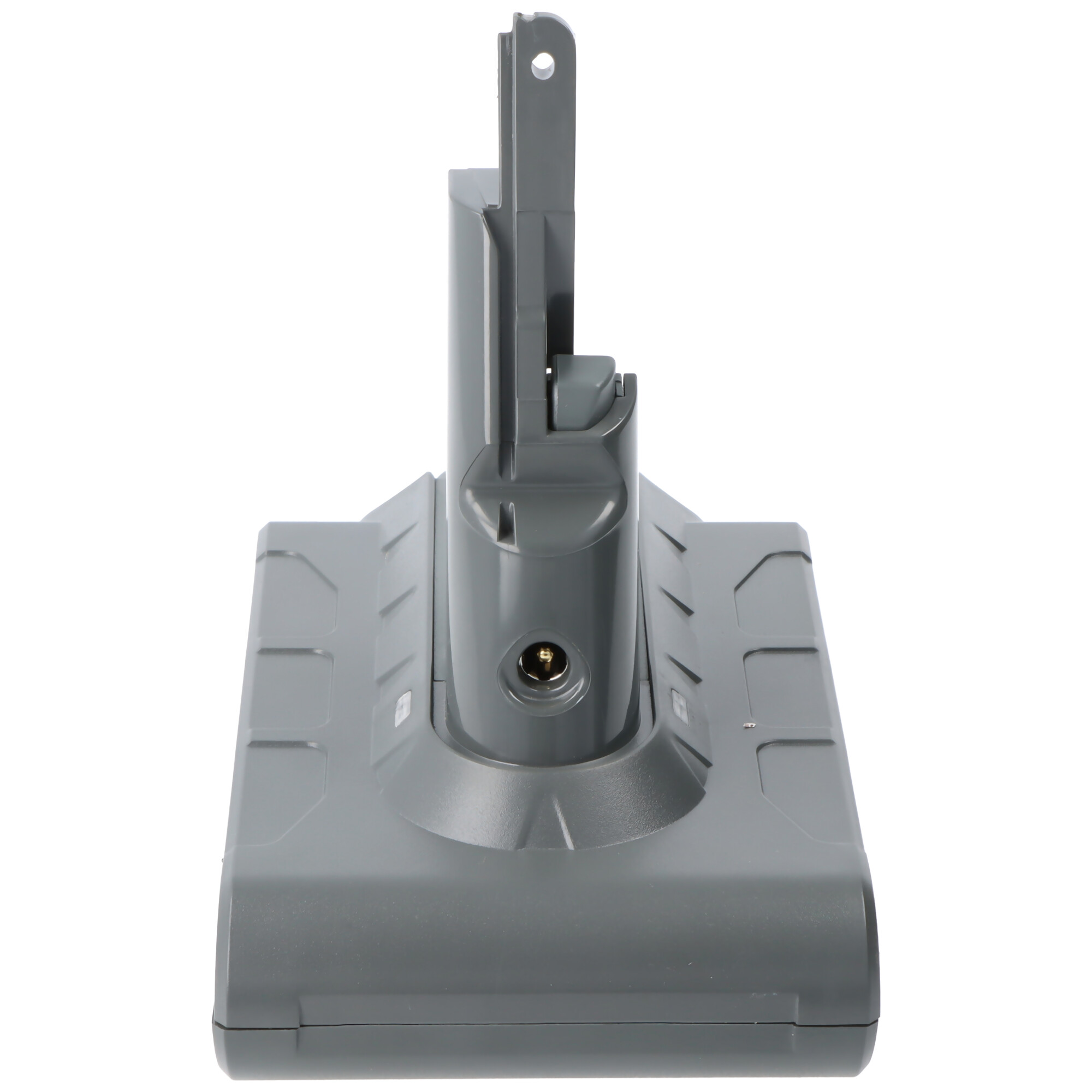 Graue Staubsauger-Batteriebasis. Rechteckige Form mit Ladeanschluss. Weißer Hintergrund.