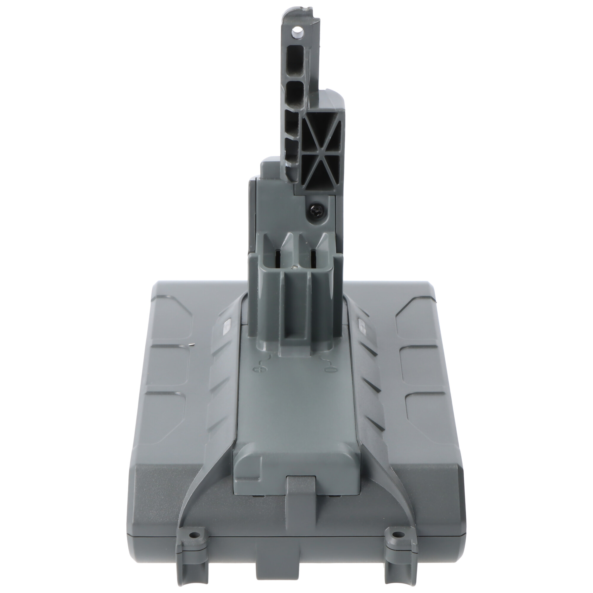 Grauer Staubsaugeraufsatz mit quadratischer Basis und vertikalem Griff, weißer HG.