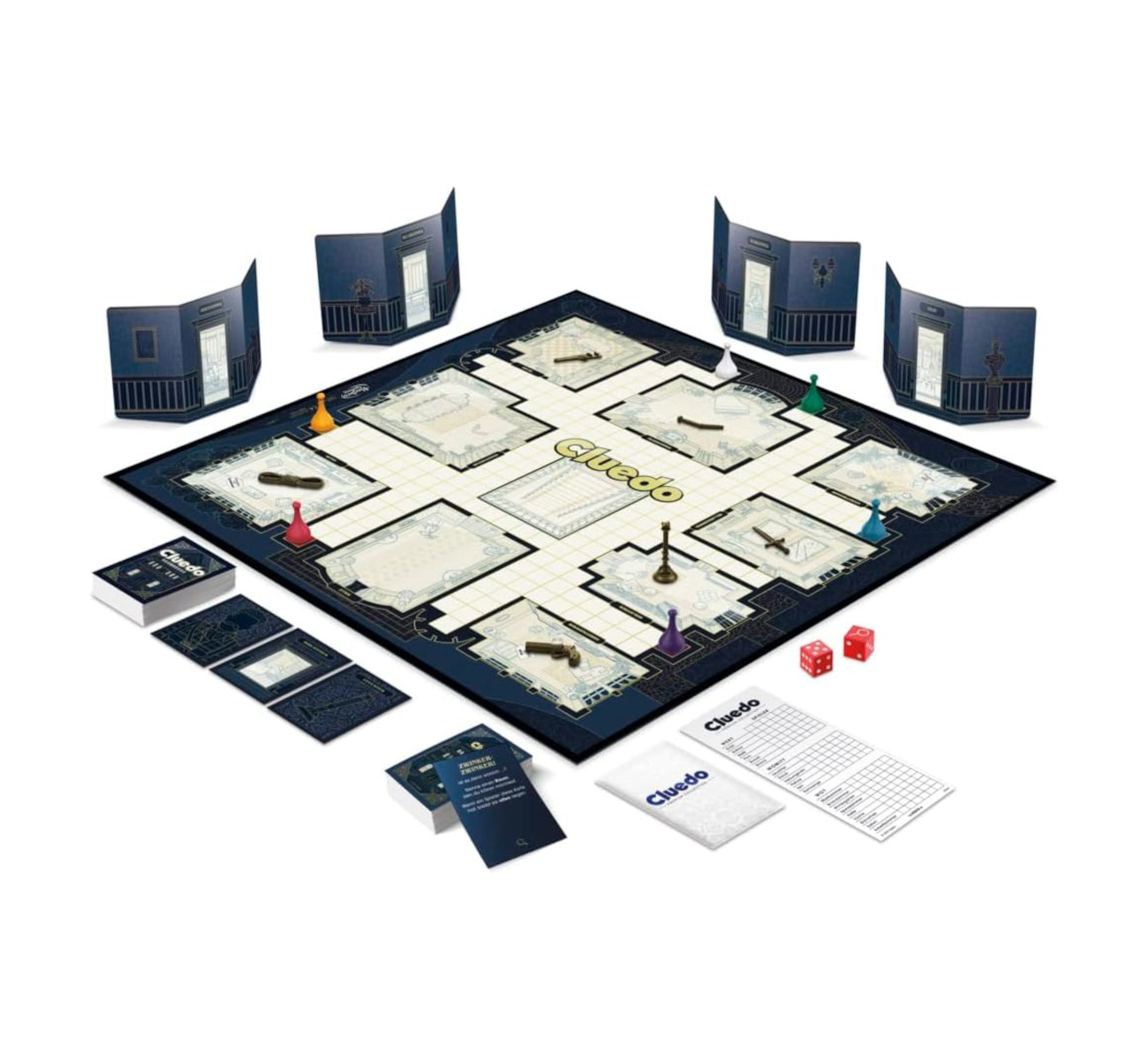 Cluedo Brettspiel mit Spielsteinen. Das Brett zeigt Räume, Karten, Würfel und Spielanweisungen.