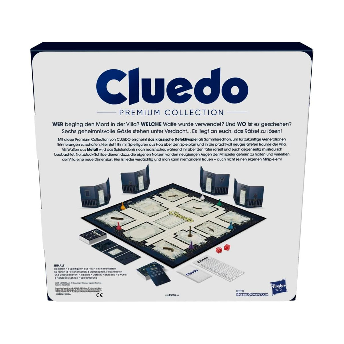 Cluedo Premium Collection Box, mit Spielbrett und Komponenten sichtbar, auf weißer Oberfläche.