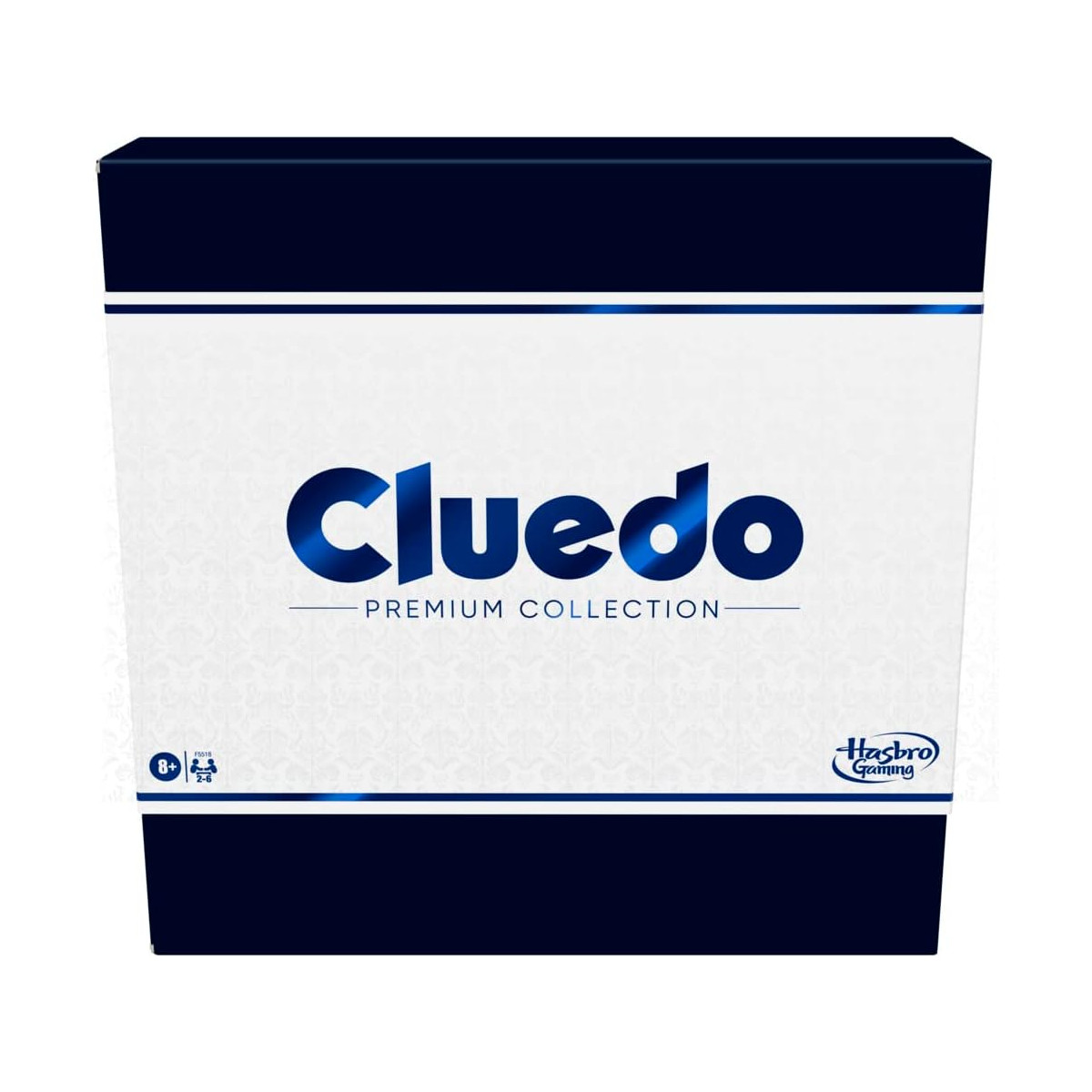 Cluedo Premium Collection Spielbox. Marineblau und weiß. Hasbro Logo.