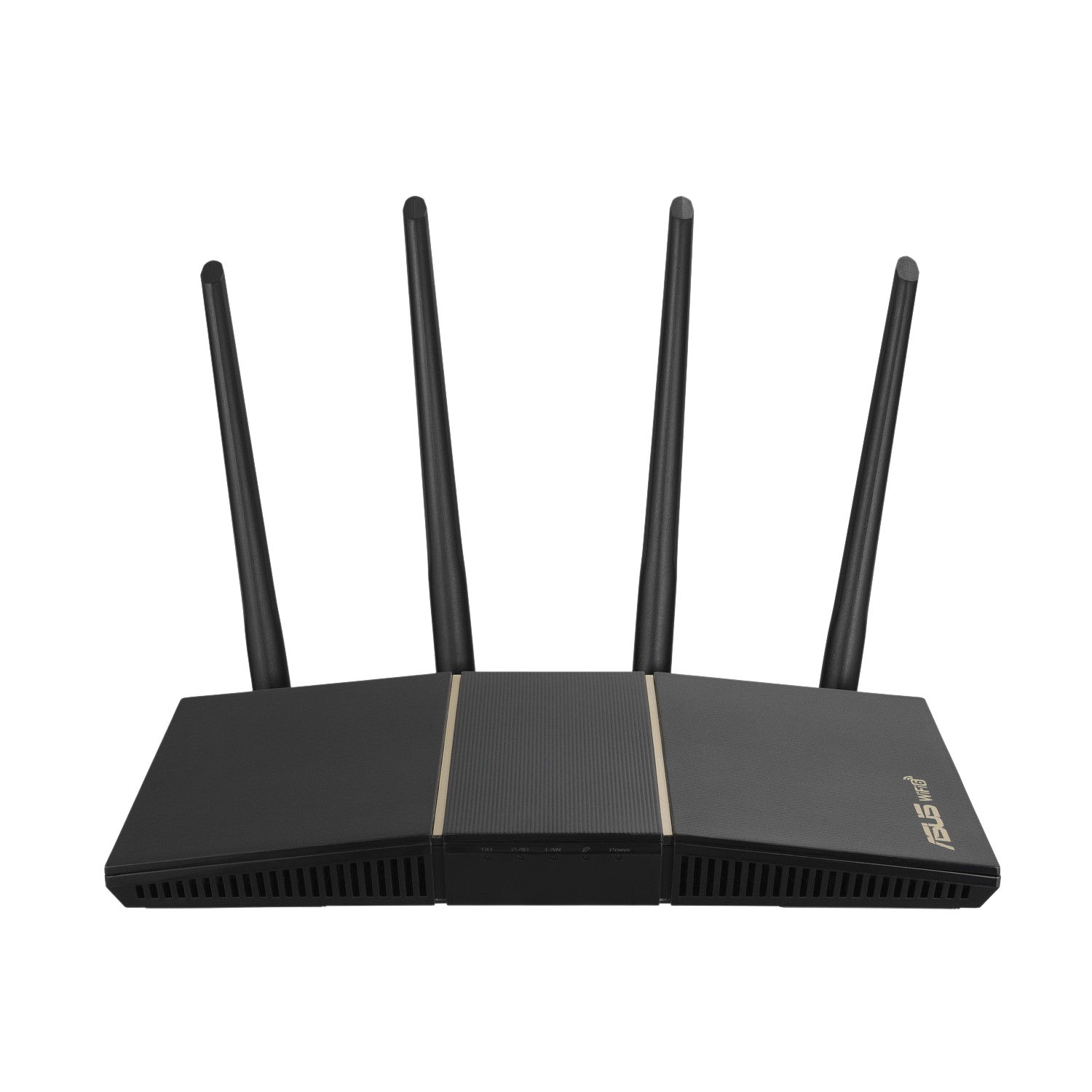 Schwarzer Router mit vier Antennen. Auf schwarzem Hintergrund.