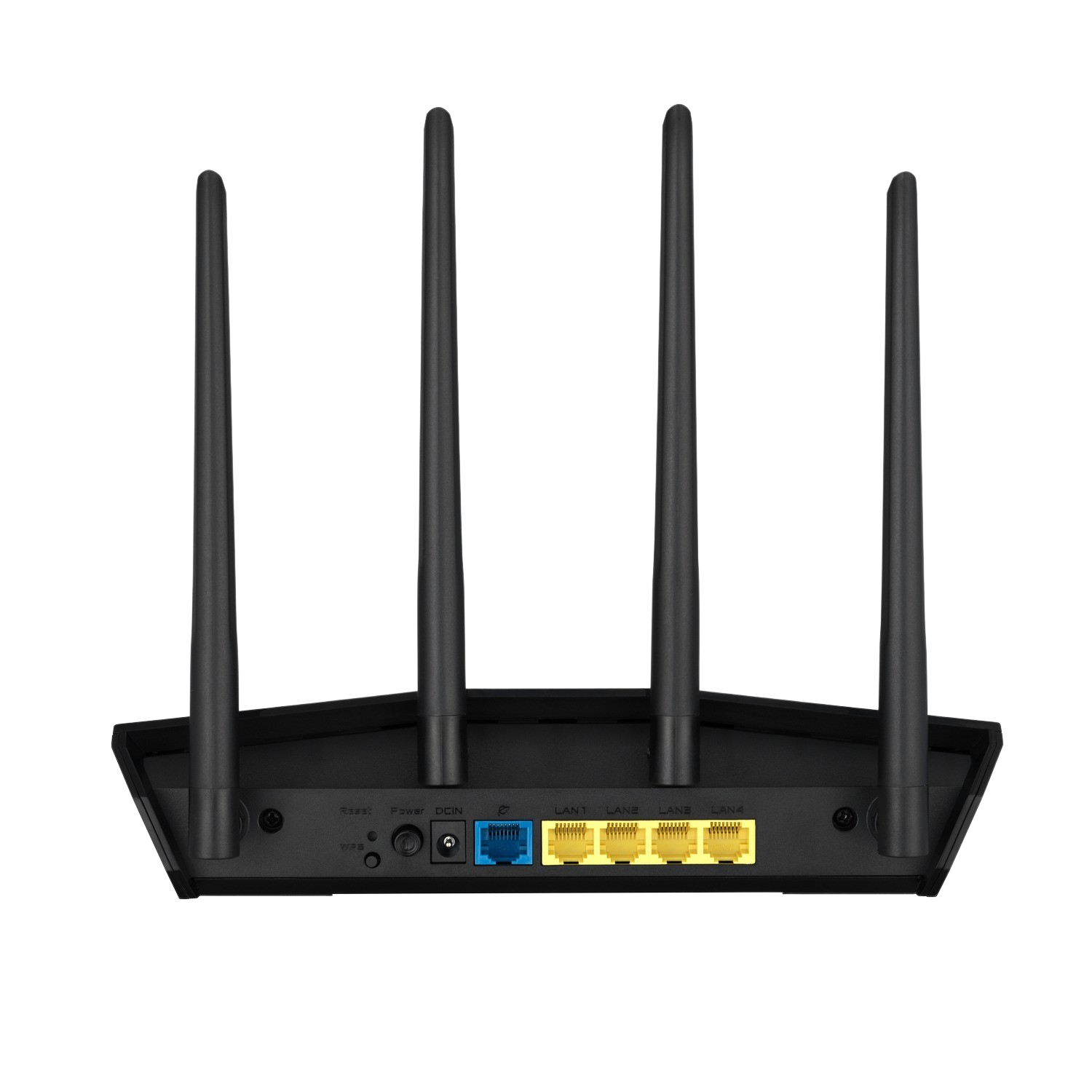 Die Rückseite eines schwarzen Routers mit vier Antennen. Es hat Anschlüsse für Internet und Strom.
