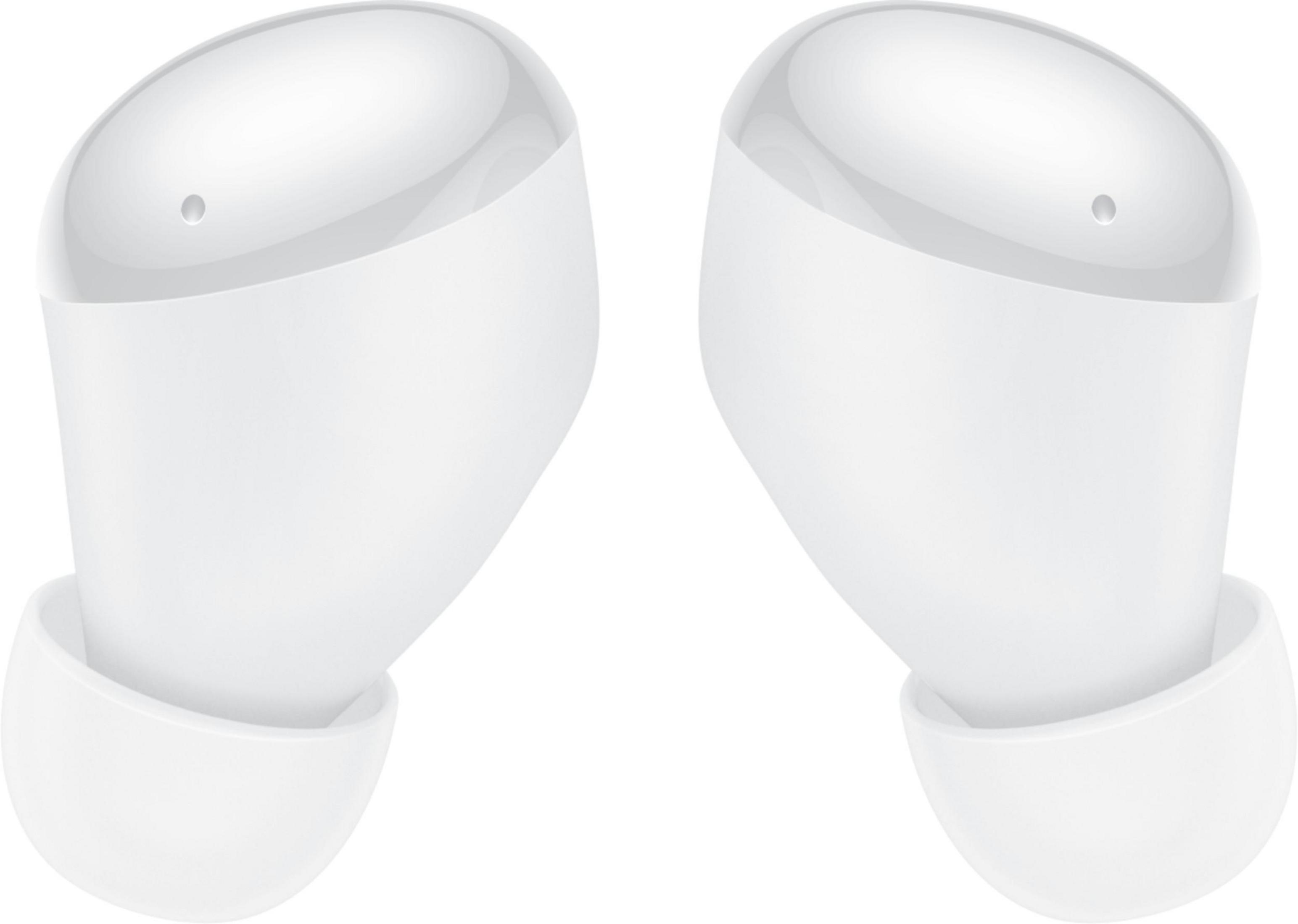 Dwa białe słuchawki z srebrnymi wierzchami i szarymi końcówkami na białym tle.