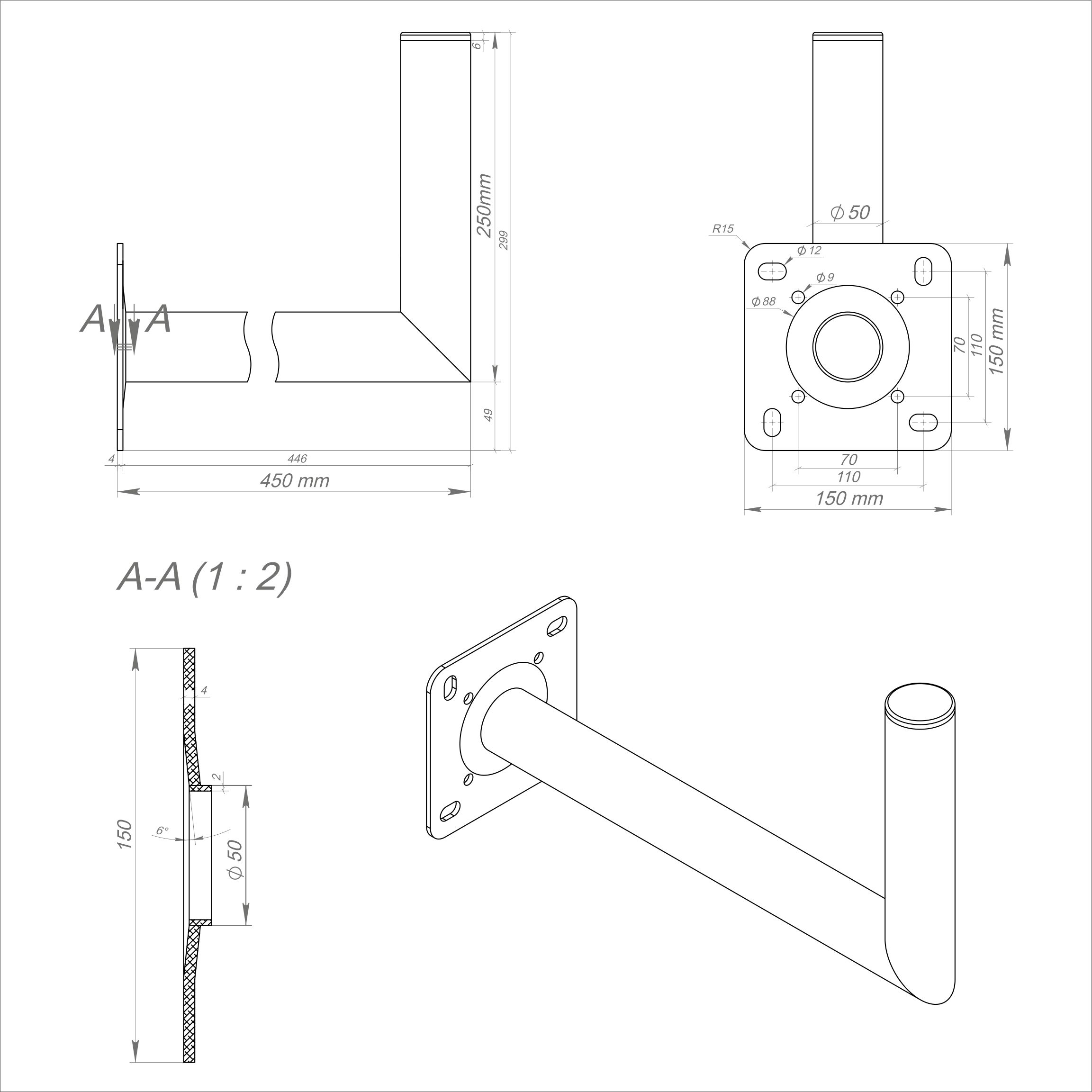 Technische Zeichnung einer Metallhalterung mit Abmessungen und verschiedenen Ansichten.