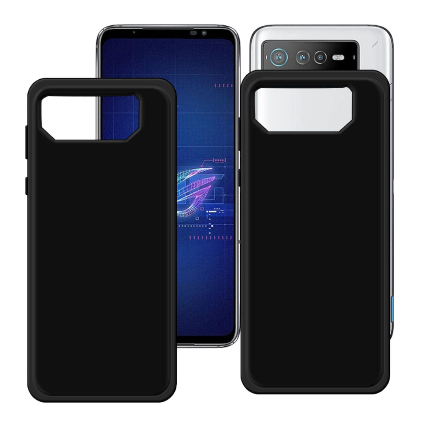 Schwarze Handyhülle mit Telefon darin, eine weitere Hülle dahinter. Schwarze Hüllen mit offenem Kameraausschnitt.