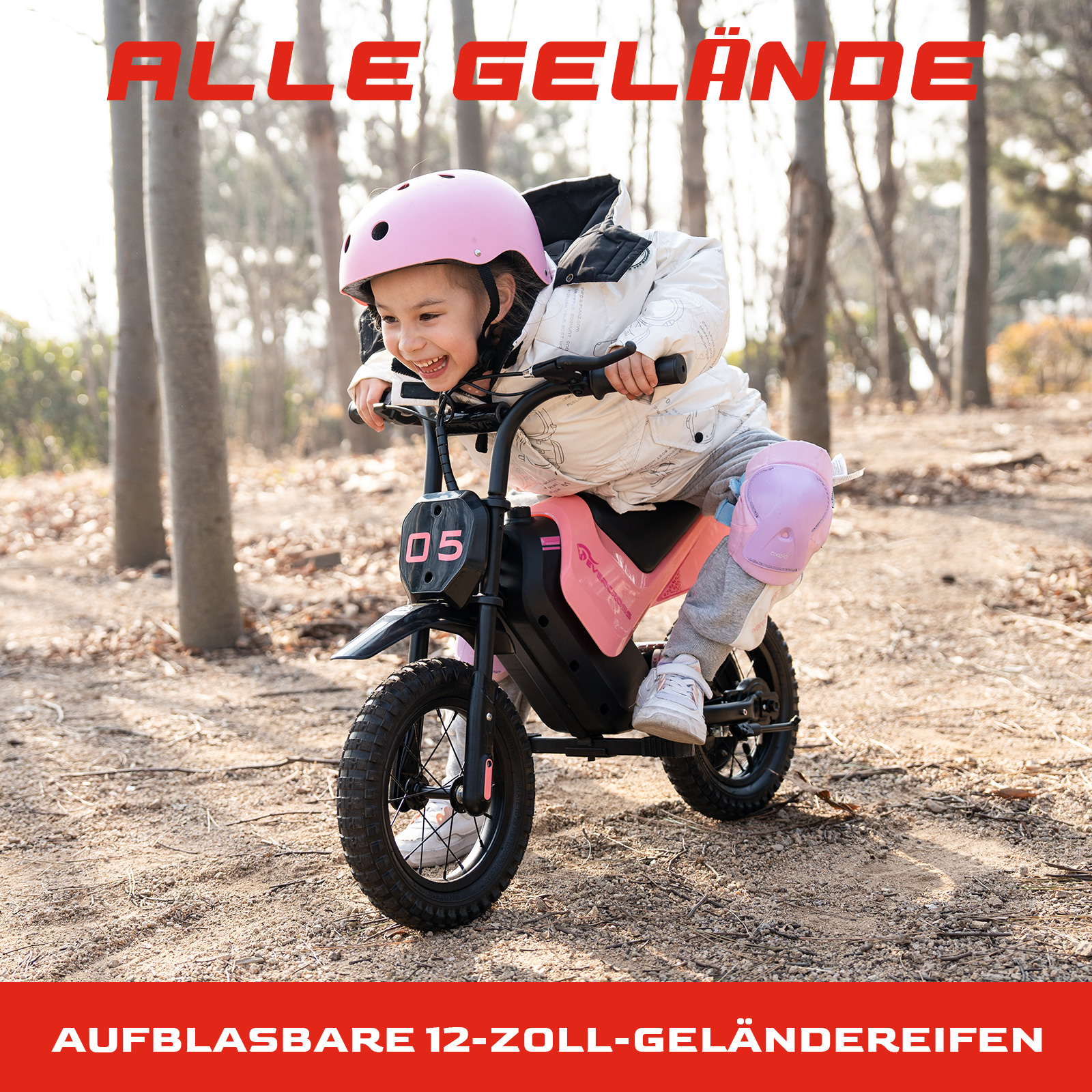 Ein junges Mädchen fährt mit einem rosa Motorrad auf einem Feldweg. Der Text oben lautet 'ALLE GELÄNDE'.