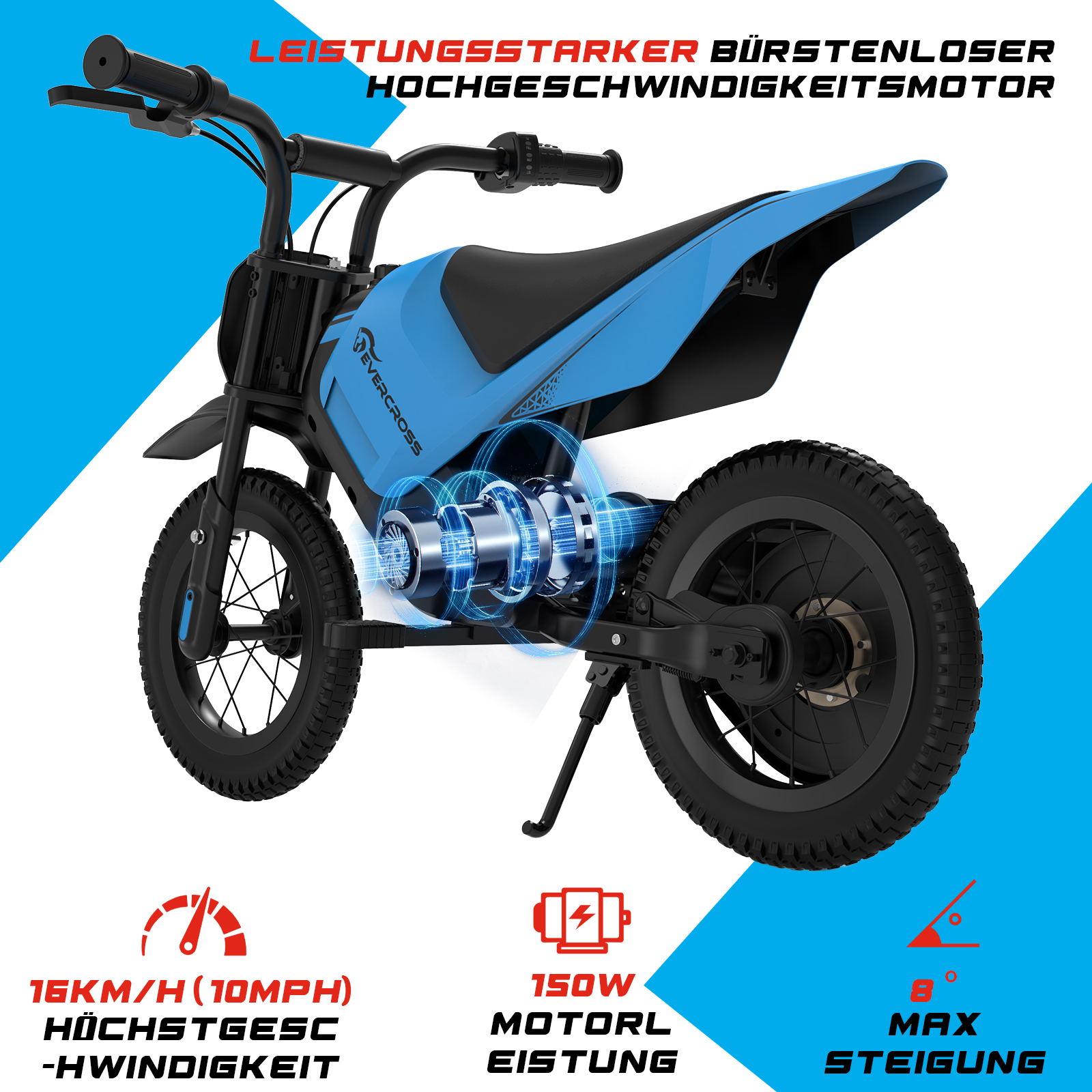 Blaues Mini-Bike mit starkem Motor. Merkmale sind Tachometer, Motorleistung und maximale Steigung.