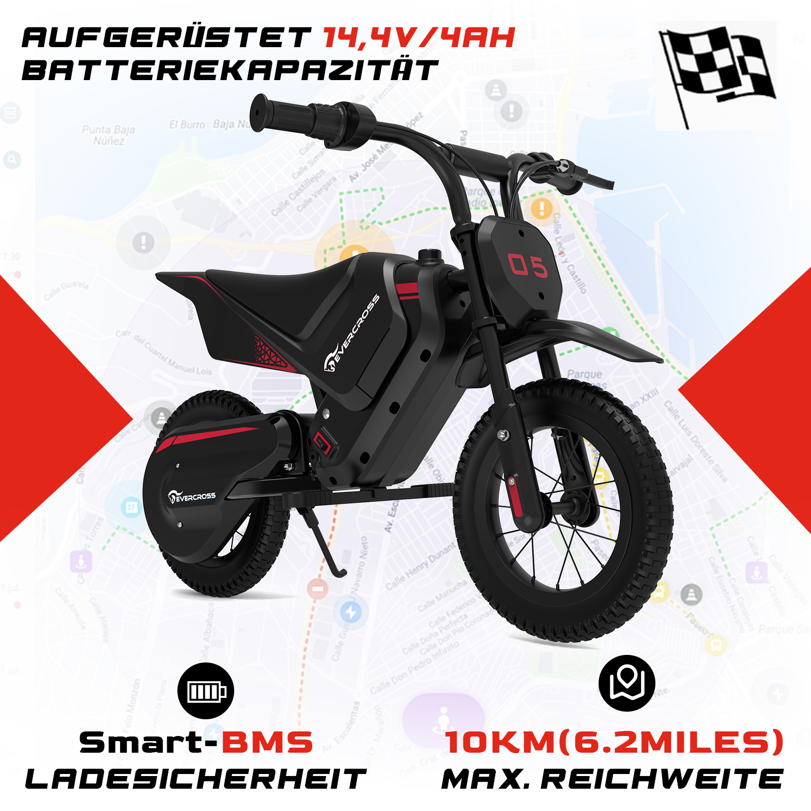 Schwarz-rotes Elektromotorrad auf Karte, mit verschiedenen Symbolen und Text.
