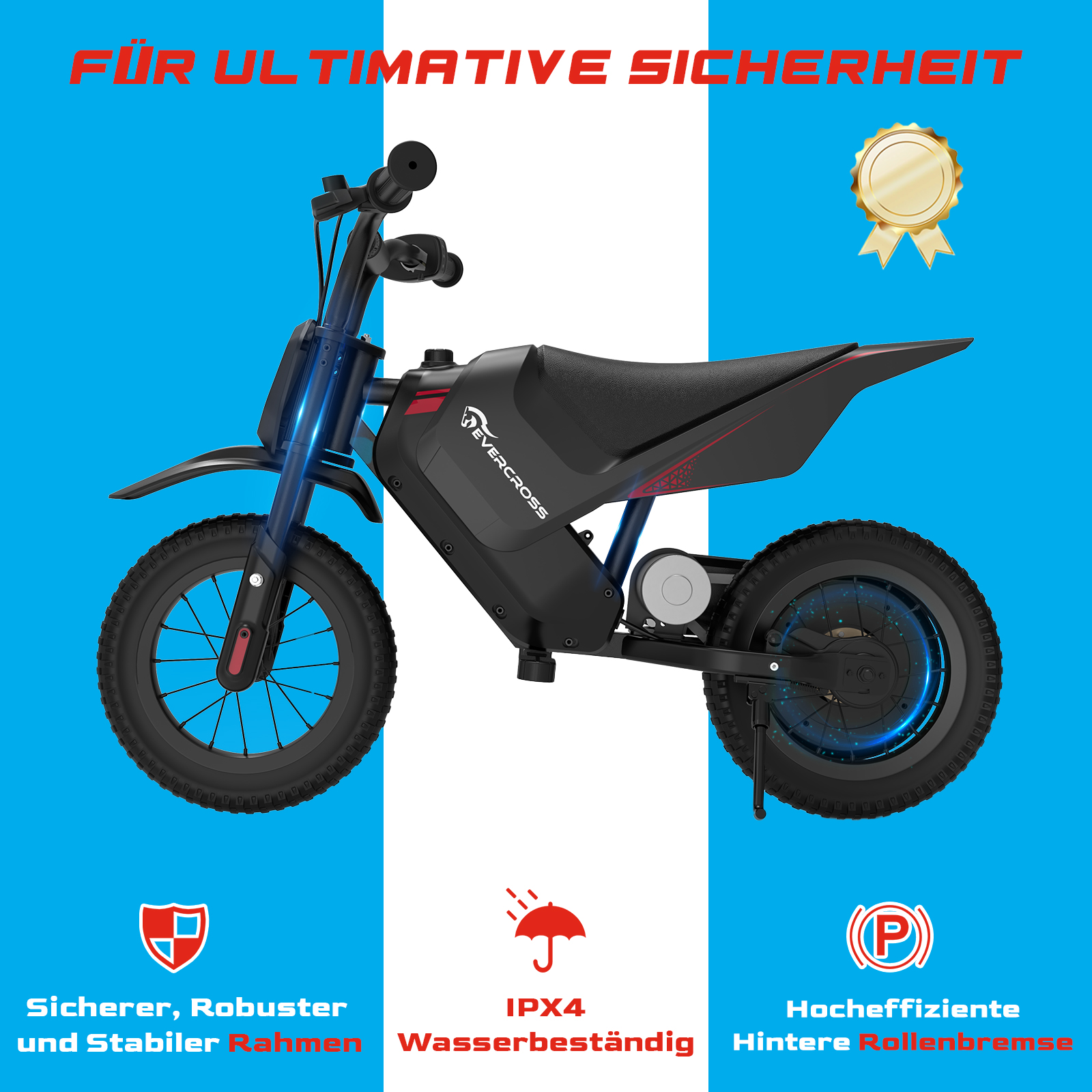 Schwarzes und rotes Evercross Elektromotorrad mit Sicherheitsetiketten, auf blau-weißem Hintergrund.