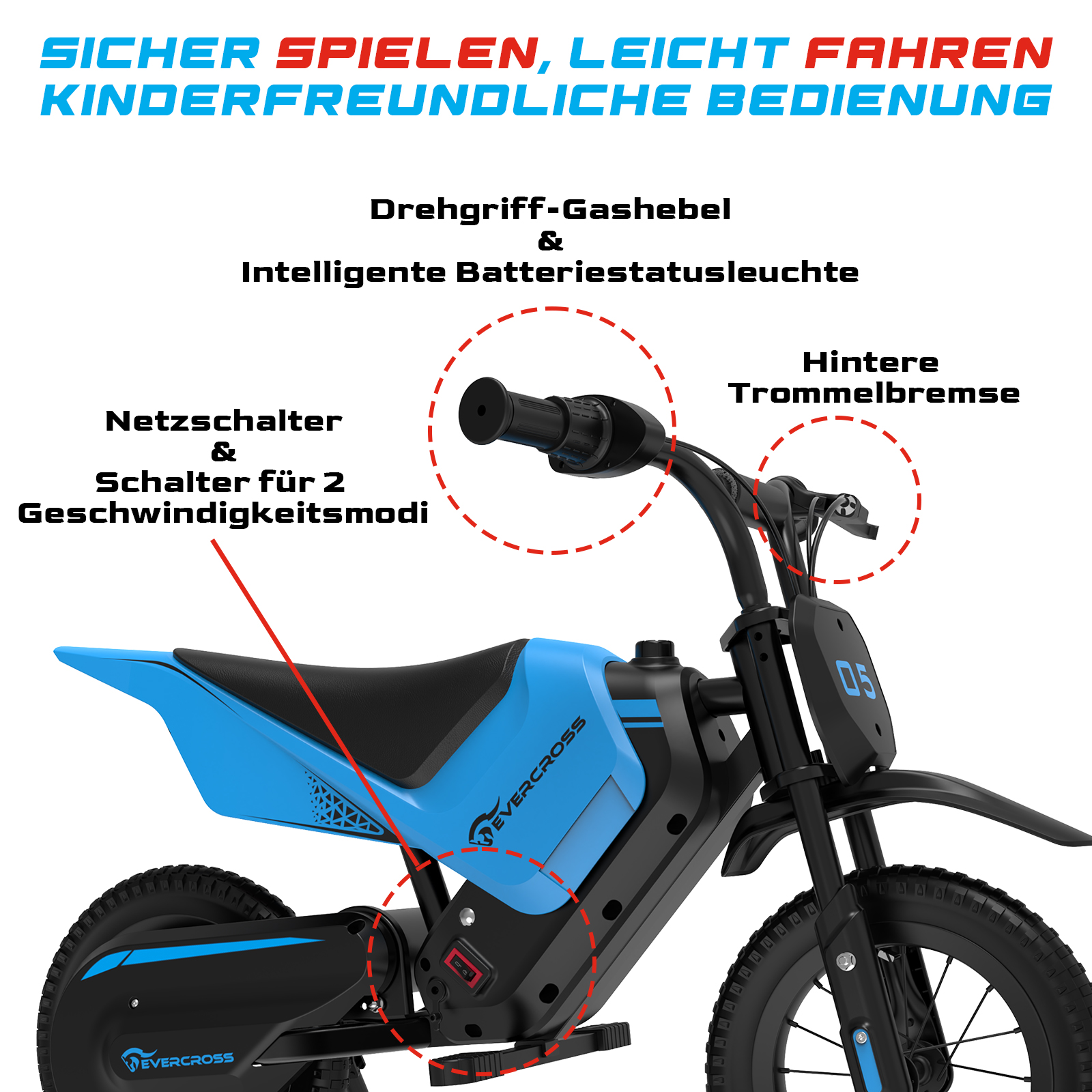 Ein blaues Elektromotorrad mit schwarzen Reifen. Zu den Merkmalen gehören Drehgriff, Bremse und kinderfreundliches Design.