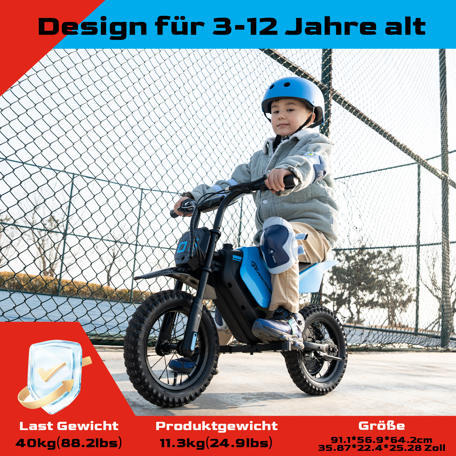 Kind auf blauem Elektrofahrrad auf befestigter Fläche, mit Textüberlagerung.