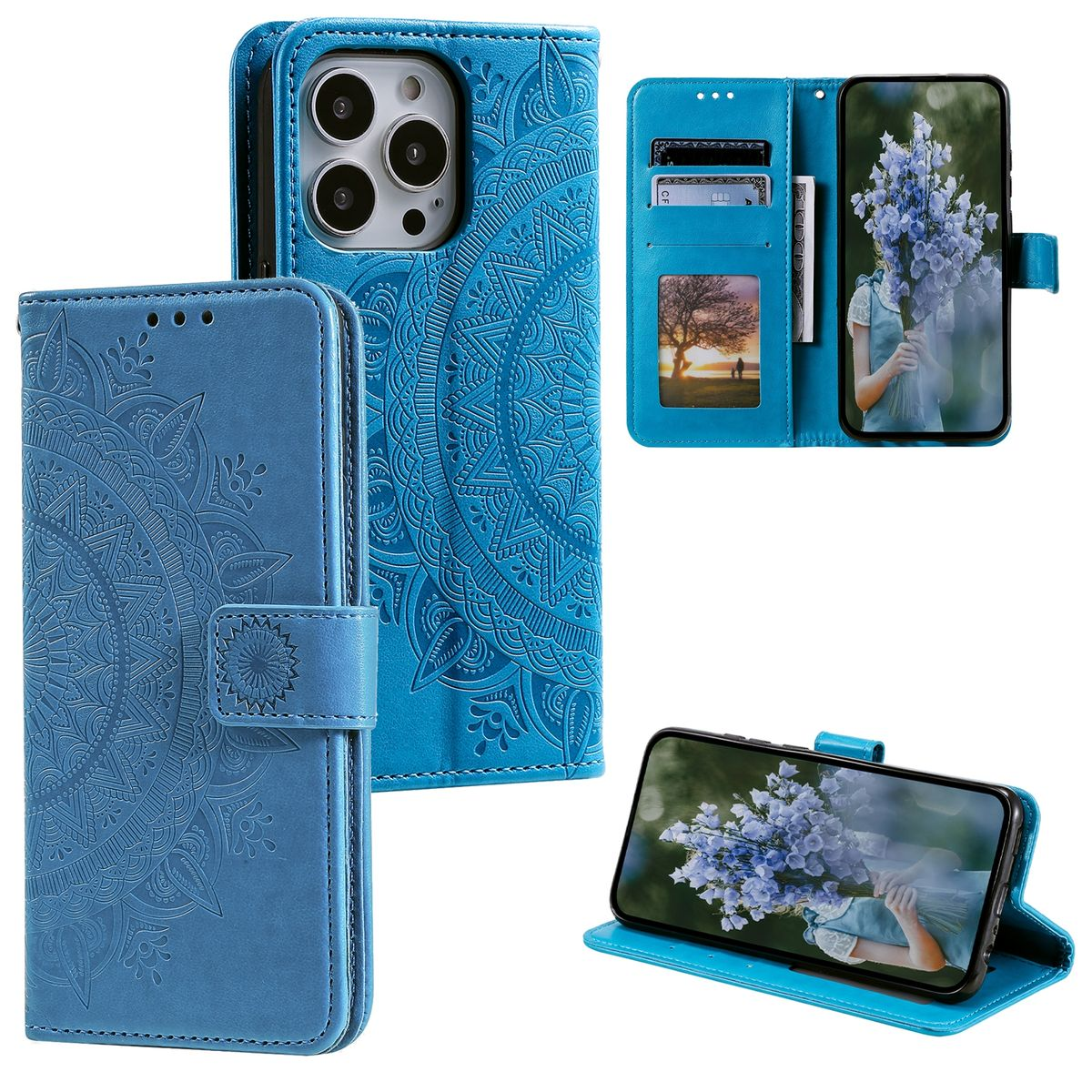 Blaue geprägte Leder-Handyhülle. Das Etui ist geöffnet und zeigt ein Telefon mit Blumenstrauß auf dem Bildschirm.