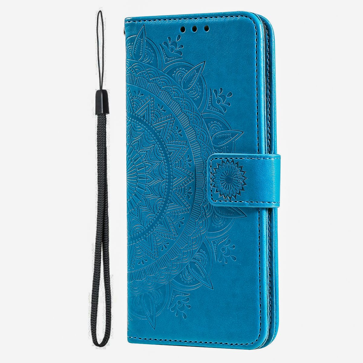 Blaue Handyhülle mit Mandala-Design. Angebrachter schwarzer Riemen. Magnetverschluss.