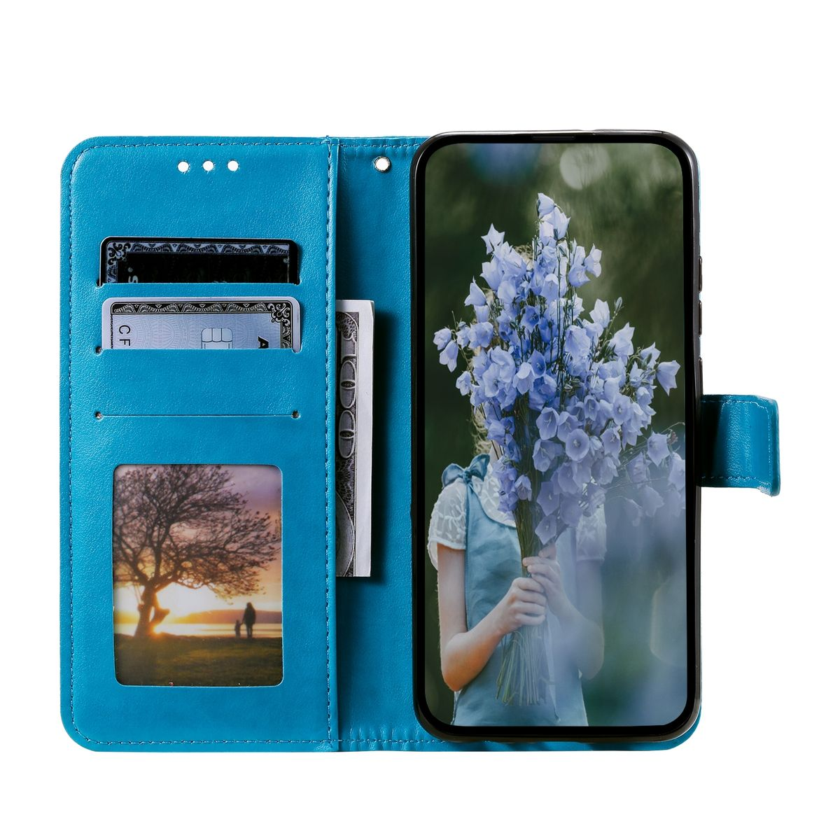 Eine blaue Handy-Geldbörsen-Hülle geöffnet. Ein Telefon mit Blumen ist innen sichtbar. Karten und Geld sind auch sichtbar.