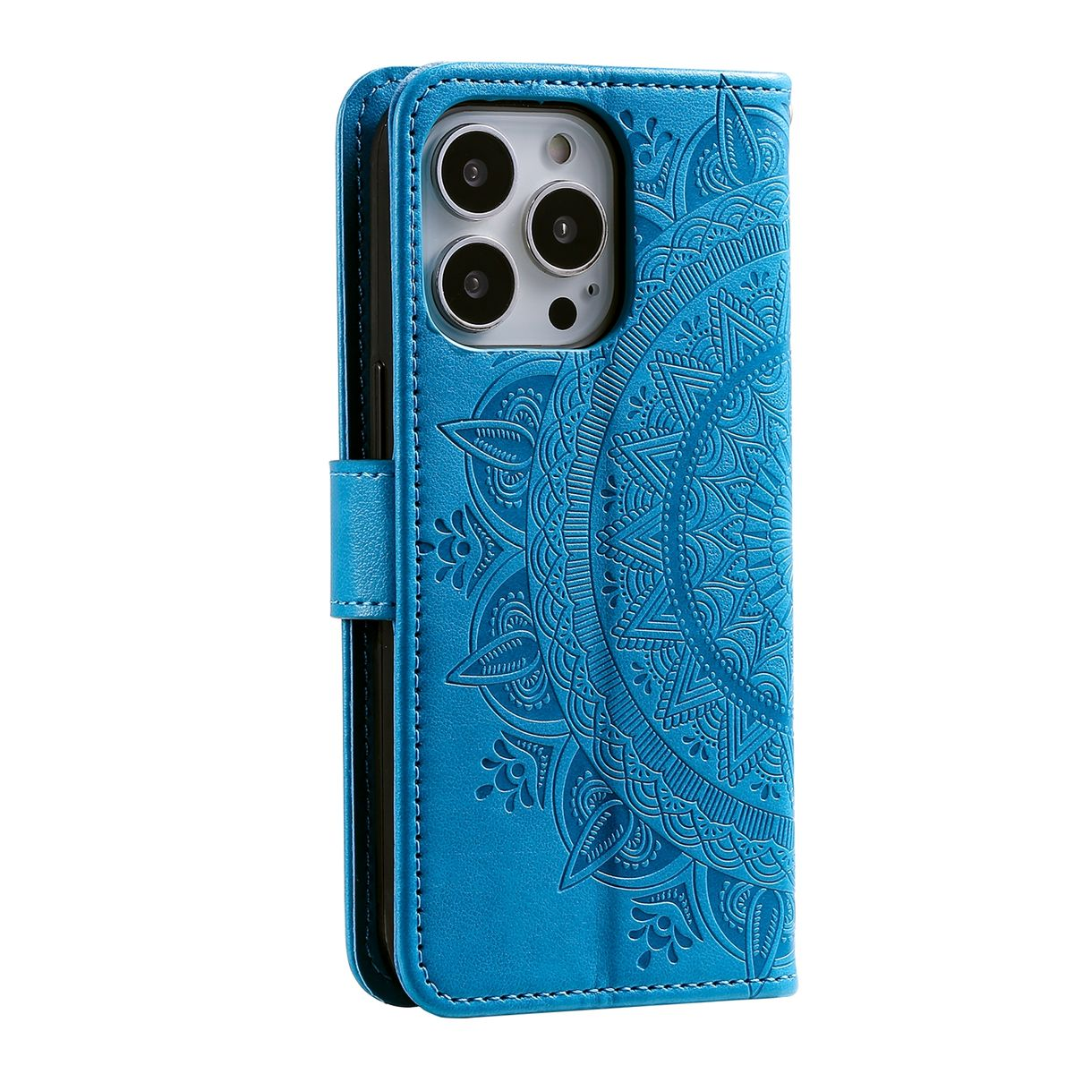 Eine blaue Handyhülle mit einem geprägten Blumendesign.