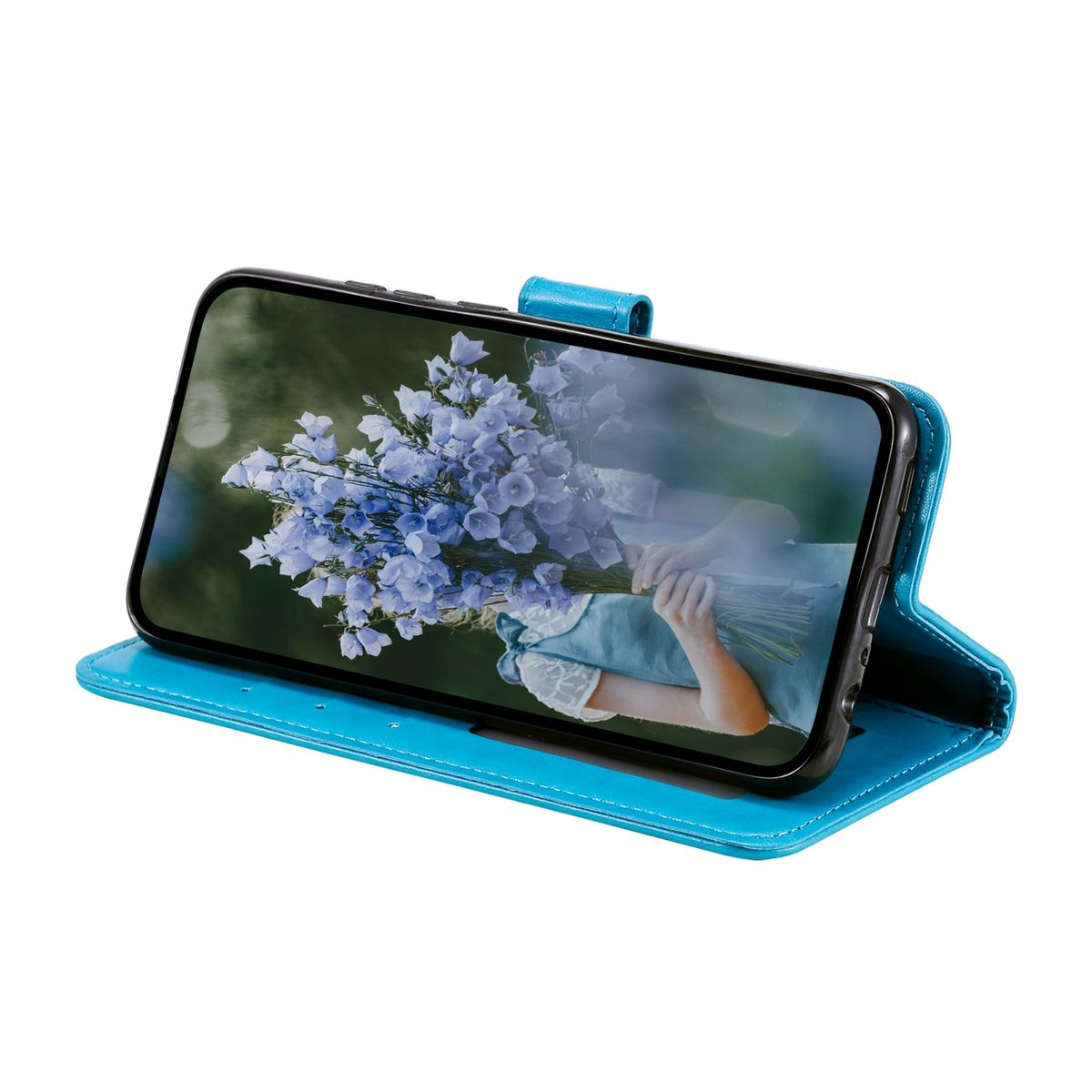 Eine blaue Handyhülle mit einem Telefon, das Blumen anzeigt, Karten und Geld hält.