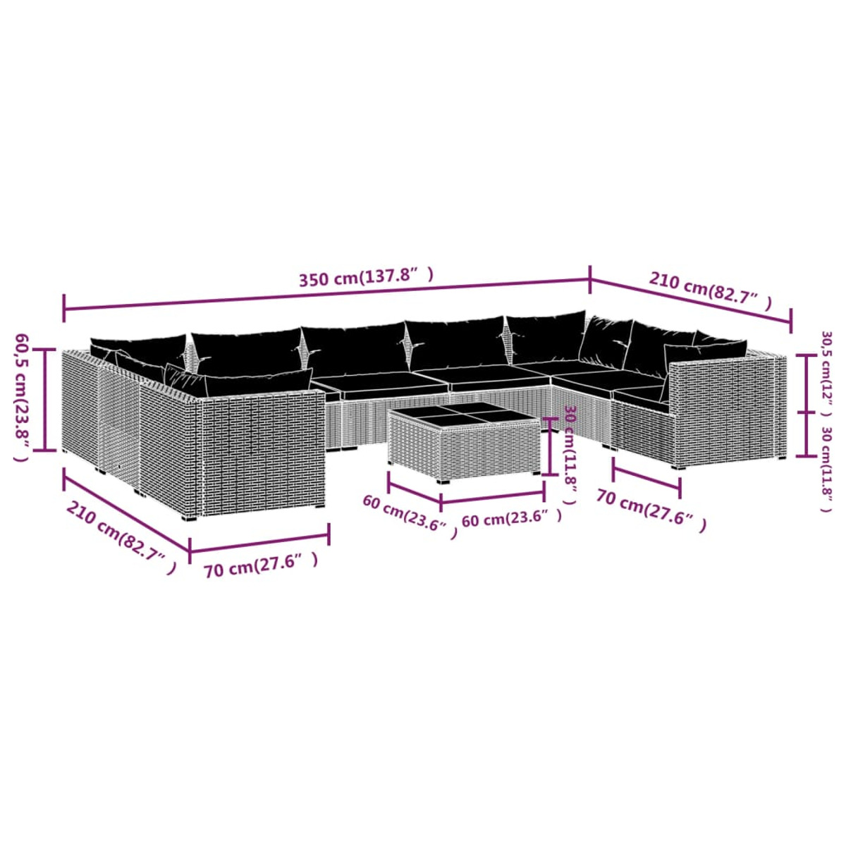 Großes Outdoor-Sofaset mit Maßen und schwarzen Kissen.