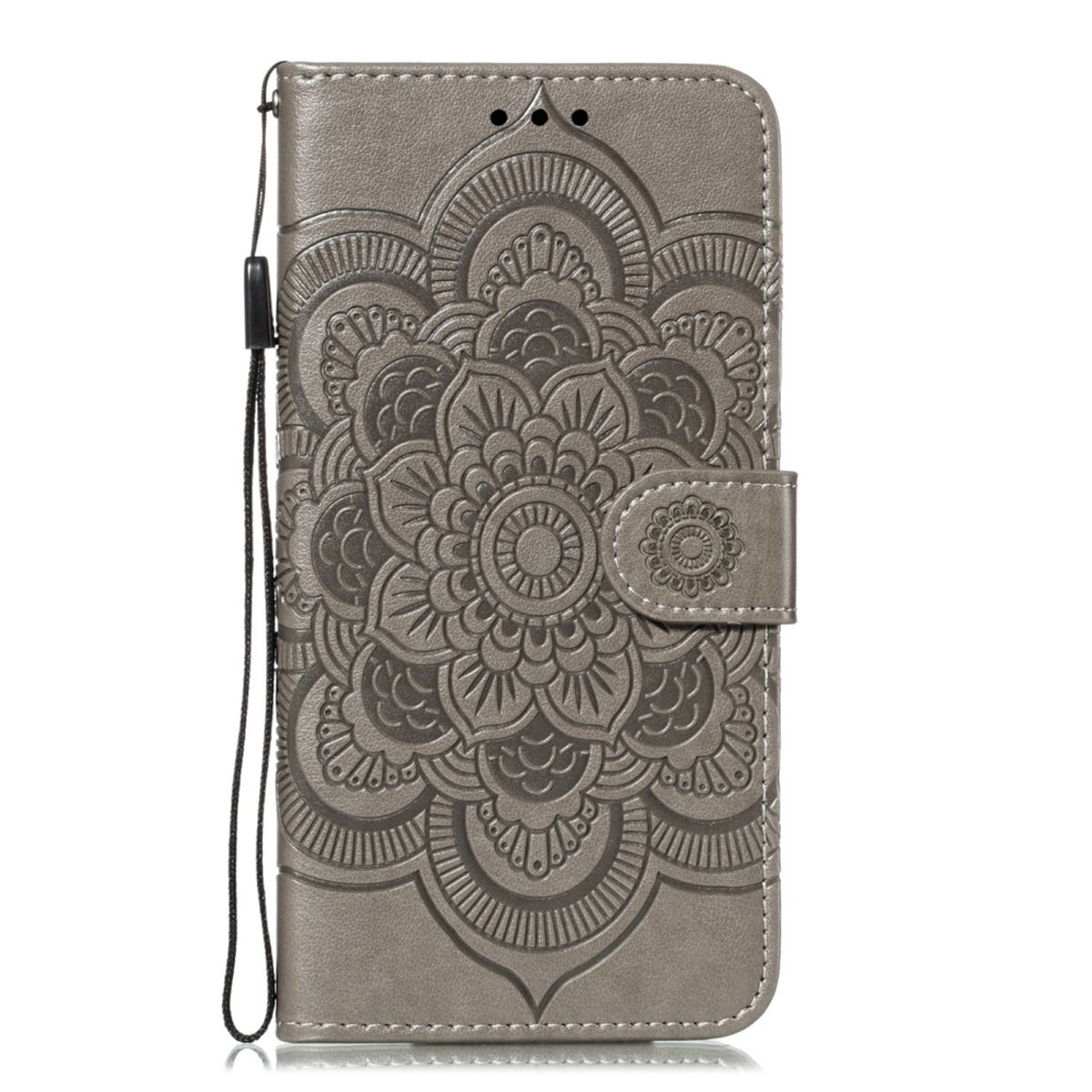 Graue Handyhülle mit floralem Design, Magnetverschluss und Handschlaufe.